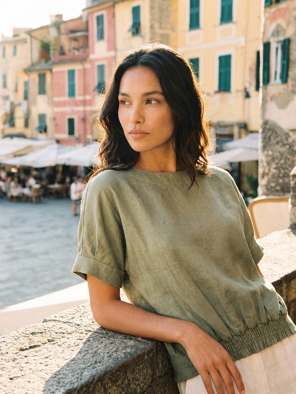 LINTICO 100% Linen Drop Shoulder Split-Back Double Shirred Hem Top LINDSEY — Drop Shoulder detail