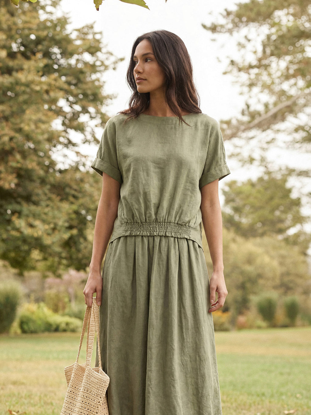 LINTICO 100% Linen Drop Shoulder Split-Back Double Shirred Hem Top LINDSEY — tops-blouses-linen category context