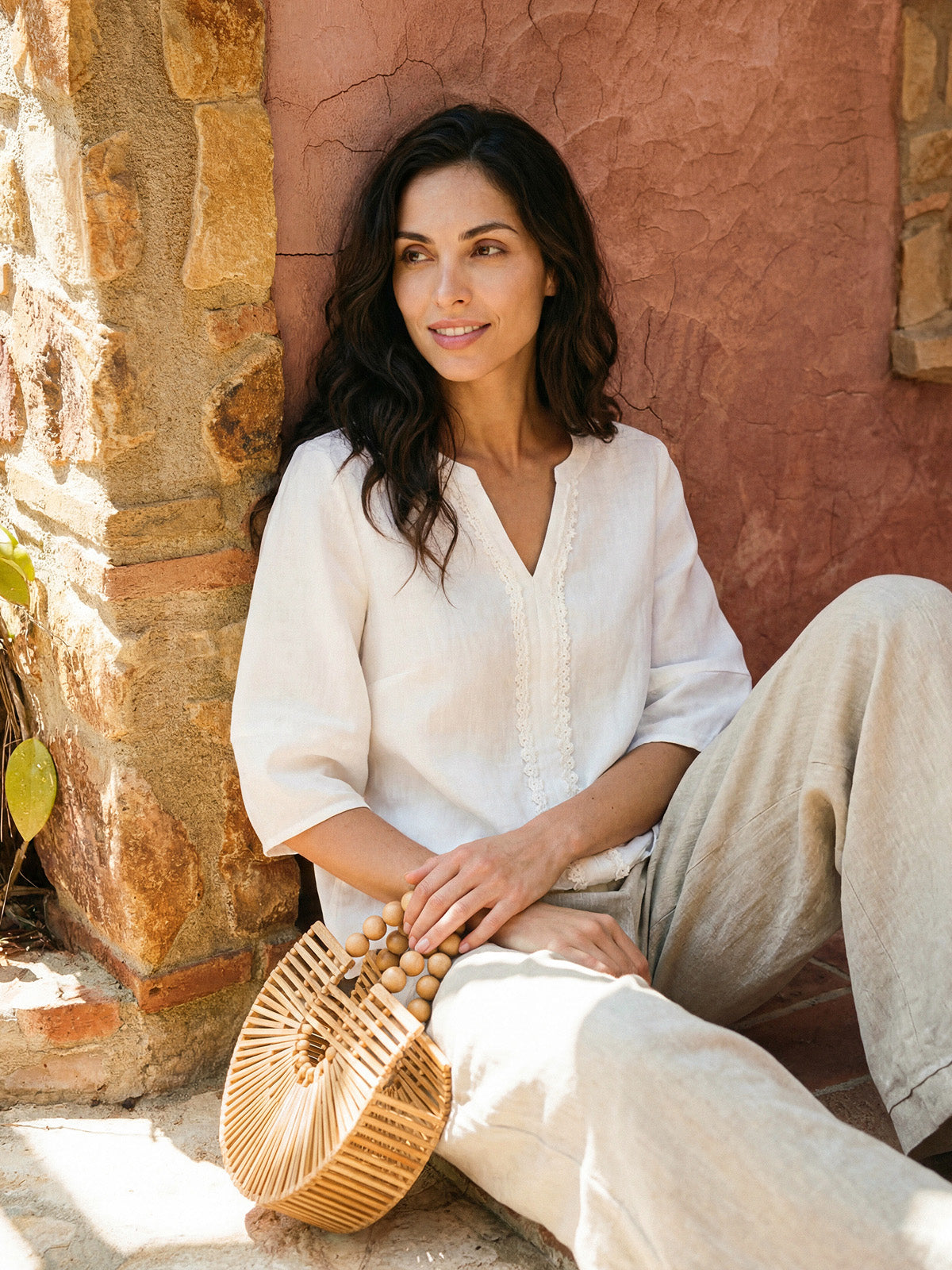 LINTICO 100% Linen Lace Trim Lantern Sleeve V-Neck Top LIVIAN — construction detail