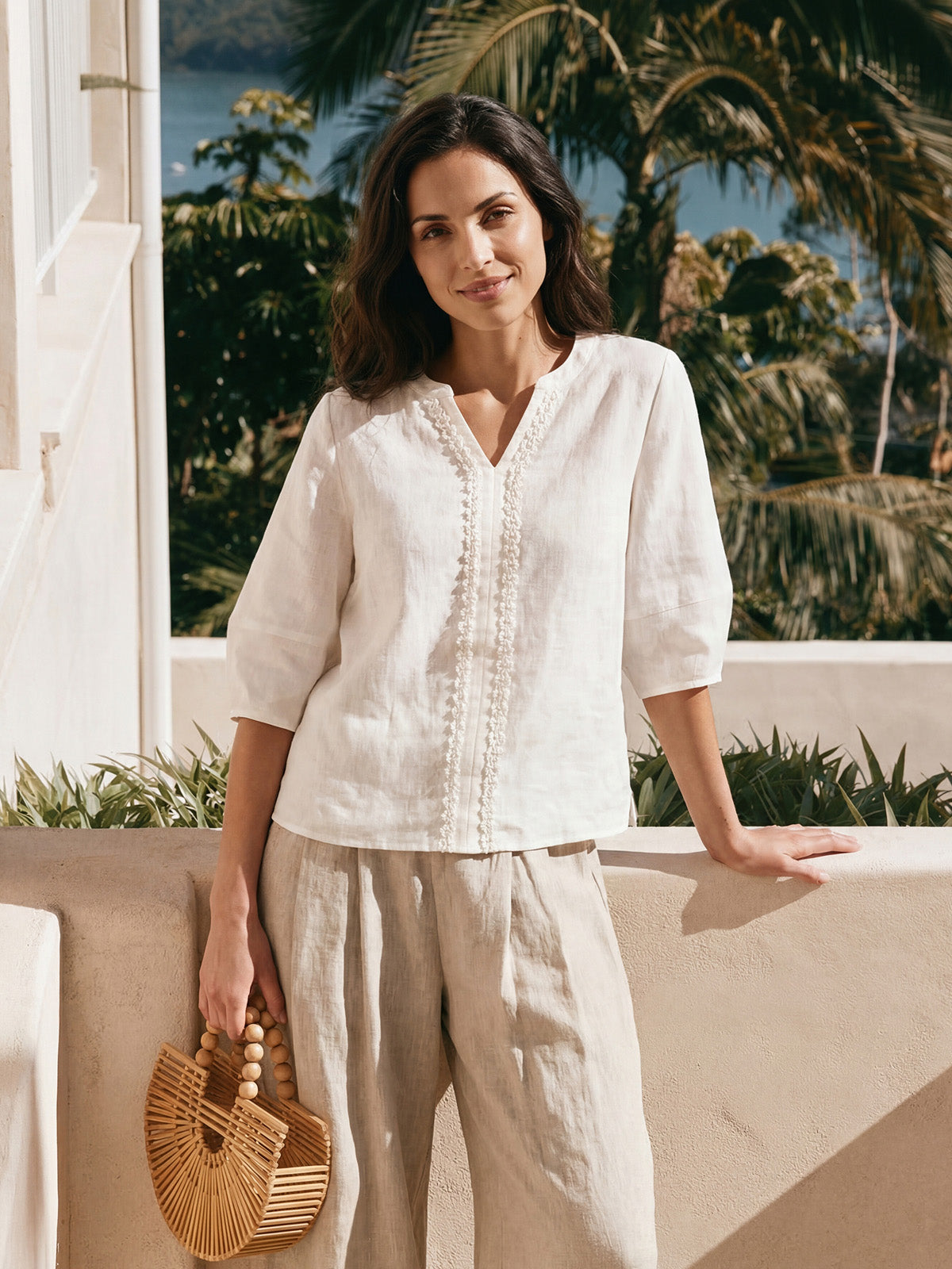 LINTICO 100% Linen Lace Trim Lantern Sleeve V-Neck Top LIVIAN — tops-blouses-linen category context