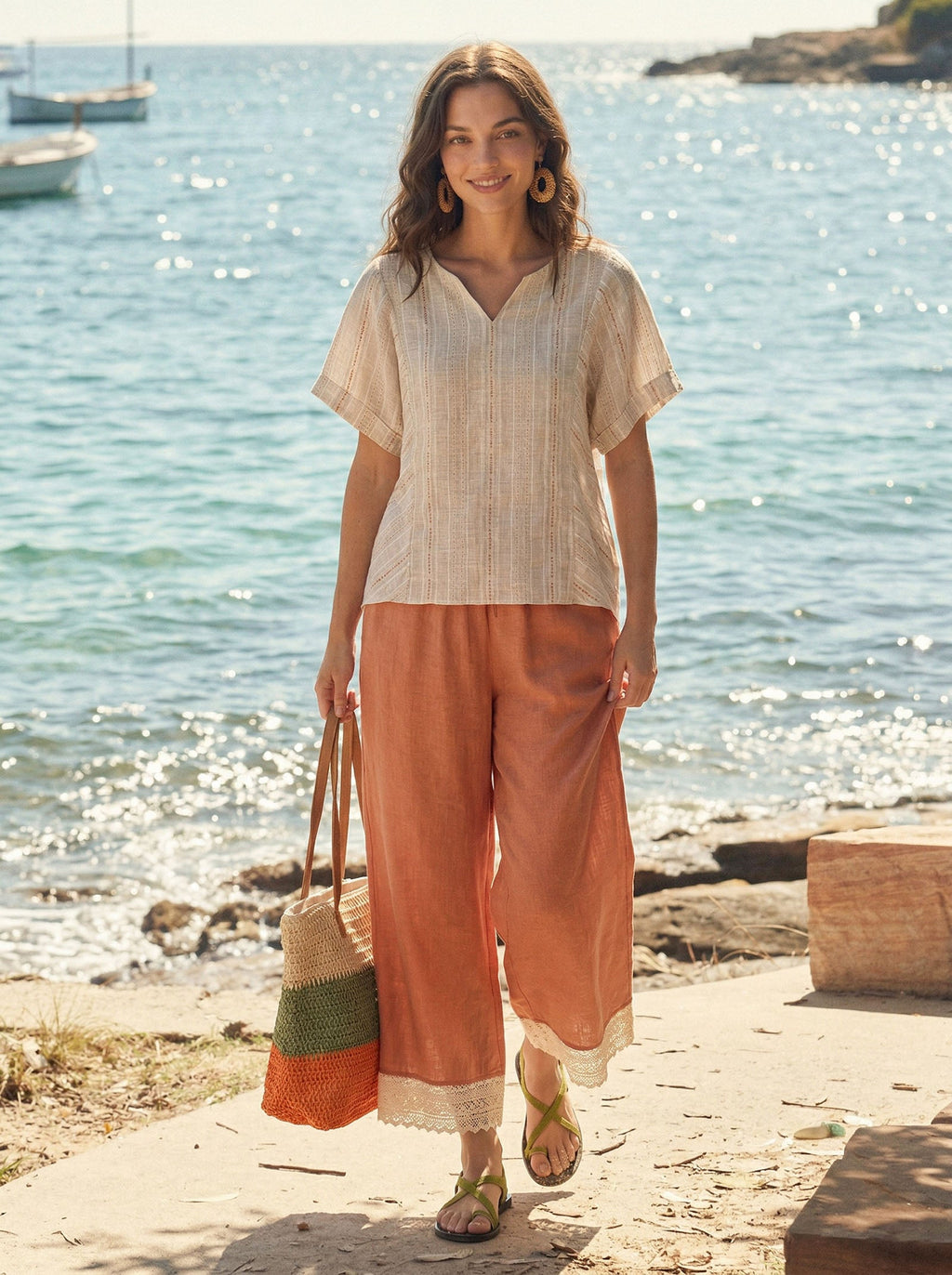 LINTICO Linen Split-Neck Drop-Shoulder Top KIERA — tops-top-linen category context