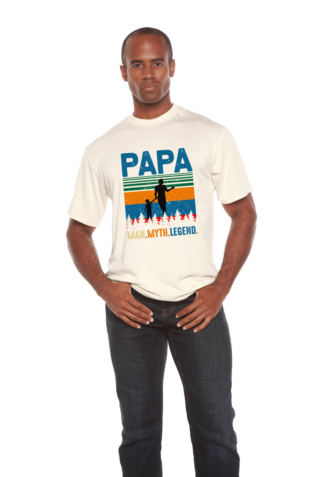 Spun Bamboo Papa Man, Myth, Legend Men's Bamboo Viscose/Organic Cotton Short Sleeve Graphic T-Shirt — side view