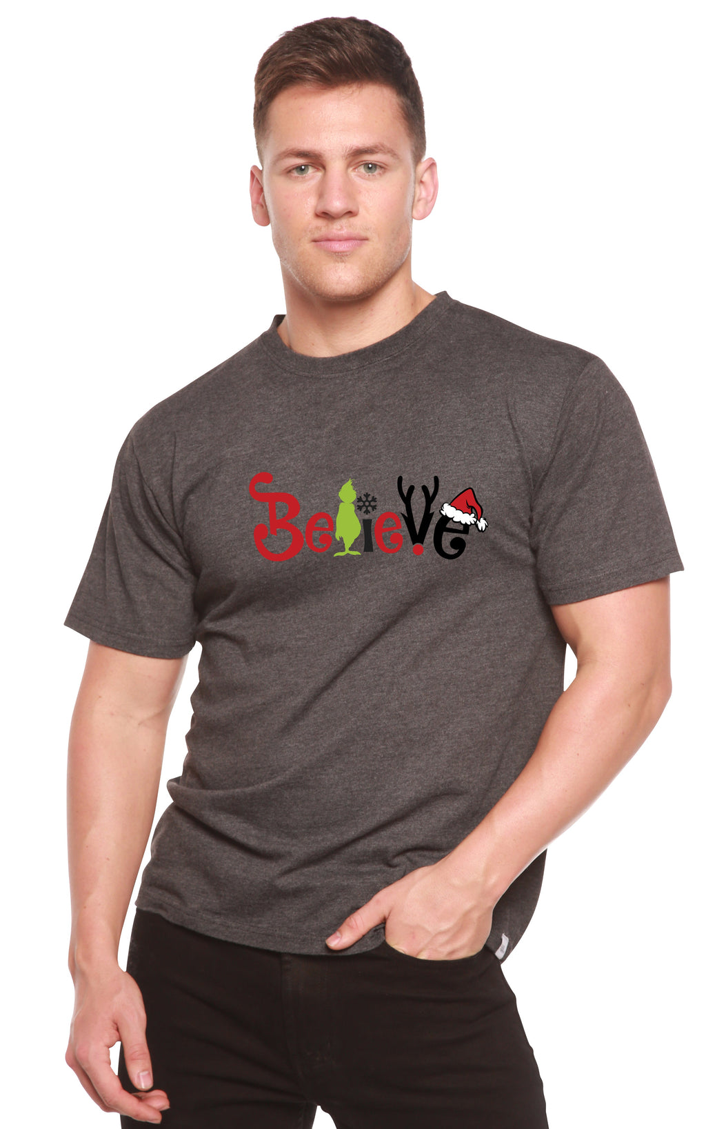 Spun Bamboo Believe Christmas Printed Men's Bamboo T-Shirt — detail close-up