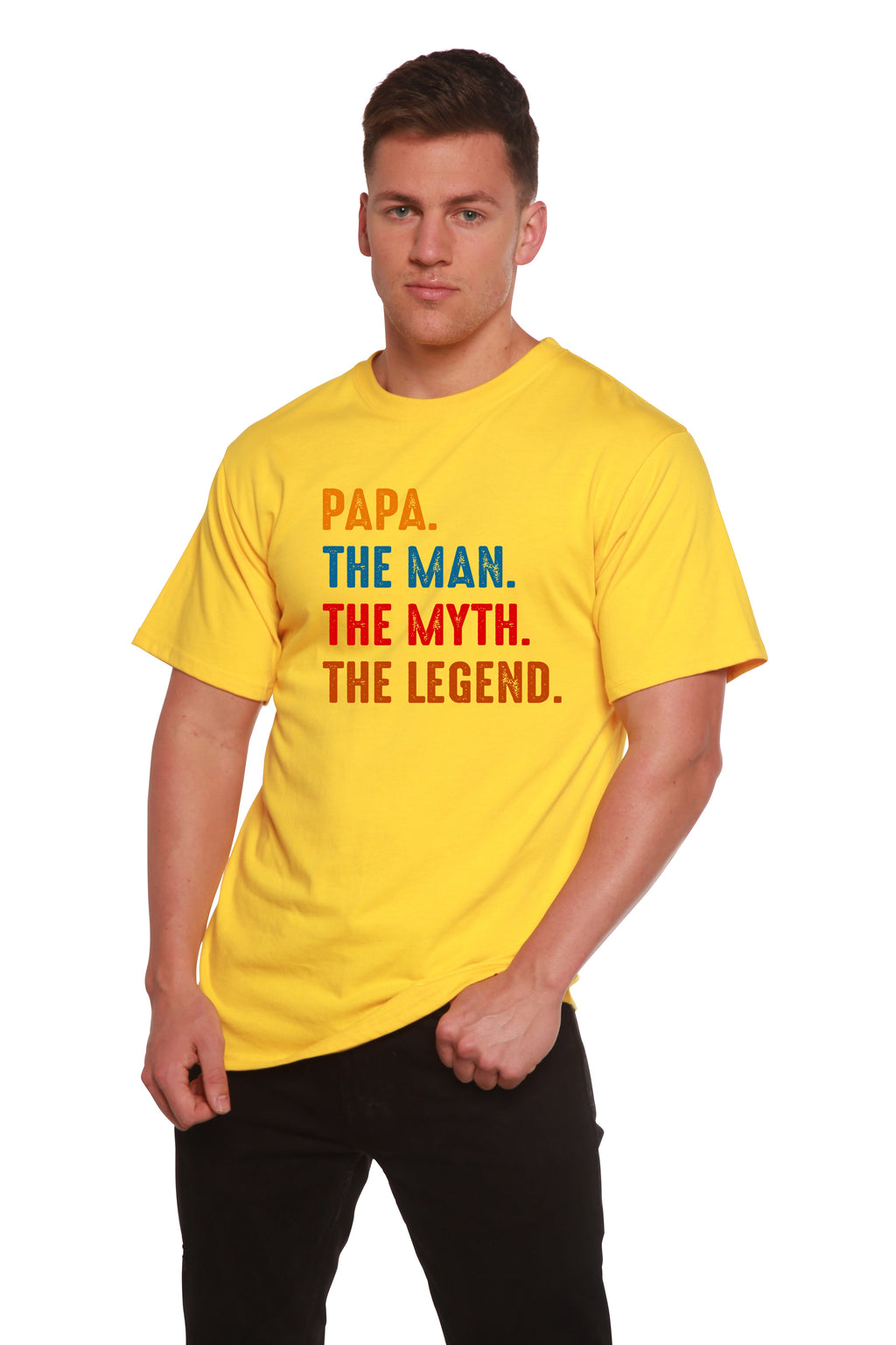 Spun Bamboo Papa, the Man, the Myth, the Legend Men's Bamboo Viscose/Organic Cotton Short Sleeve Graphic T-Shirt — in-use pho