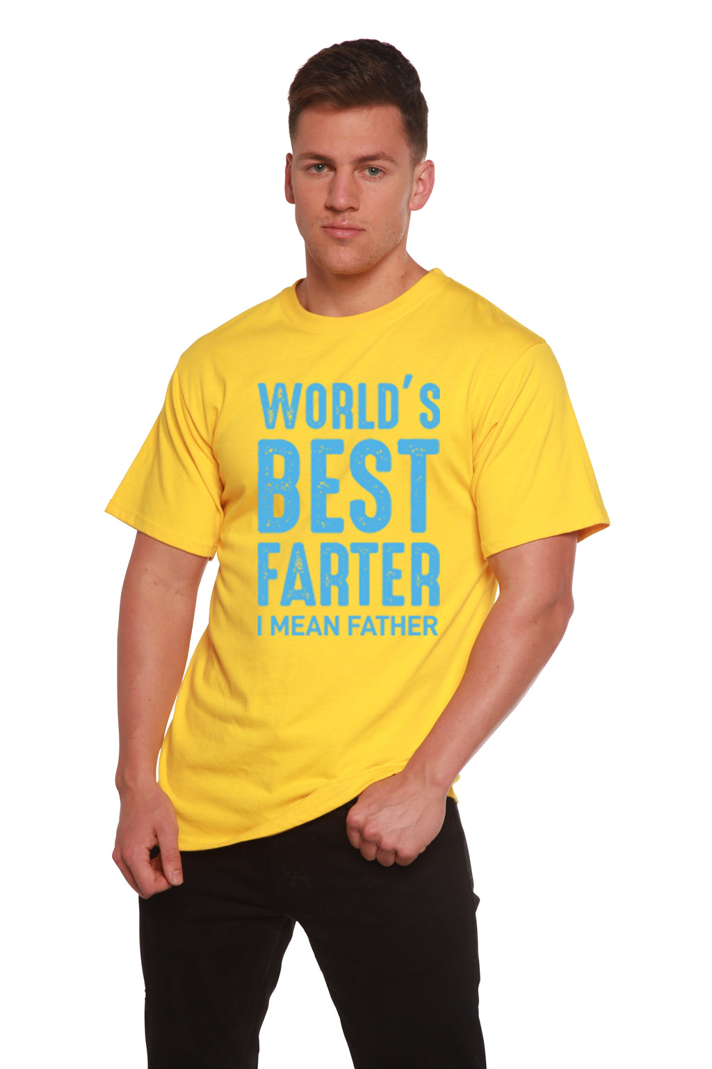 Spun Bamboo World's Best Farter Men's Bamboo Viscose/Organic Cotton Short Sleeve Graphic T-Shirt — in-use photo