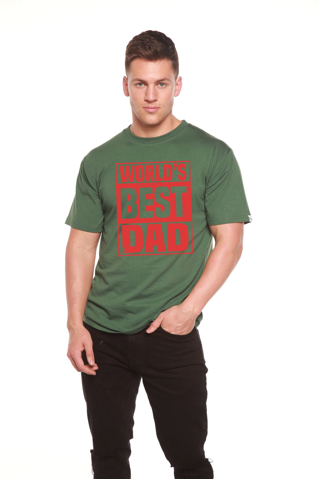 Spun Bamboo World's Best Dad Men's Bamboo Viscose/Organic Cotton Short Sleeve Graphic T-Shirt — detail close-up