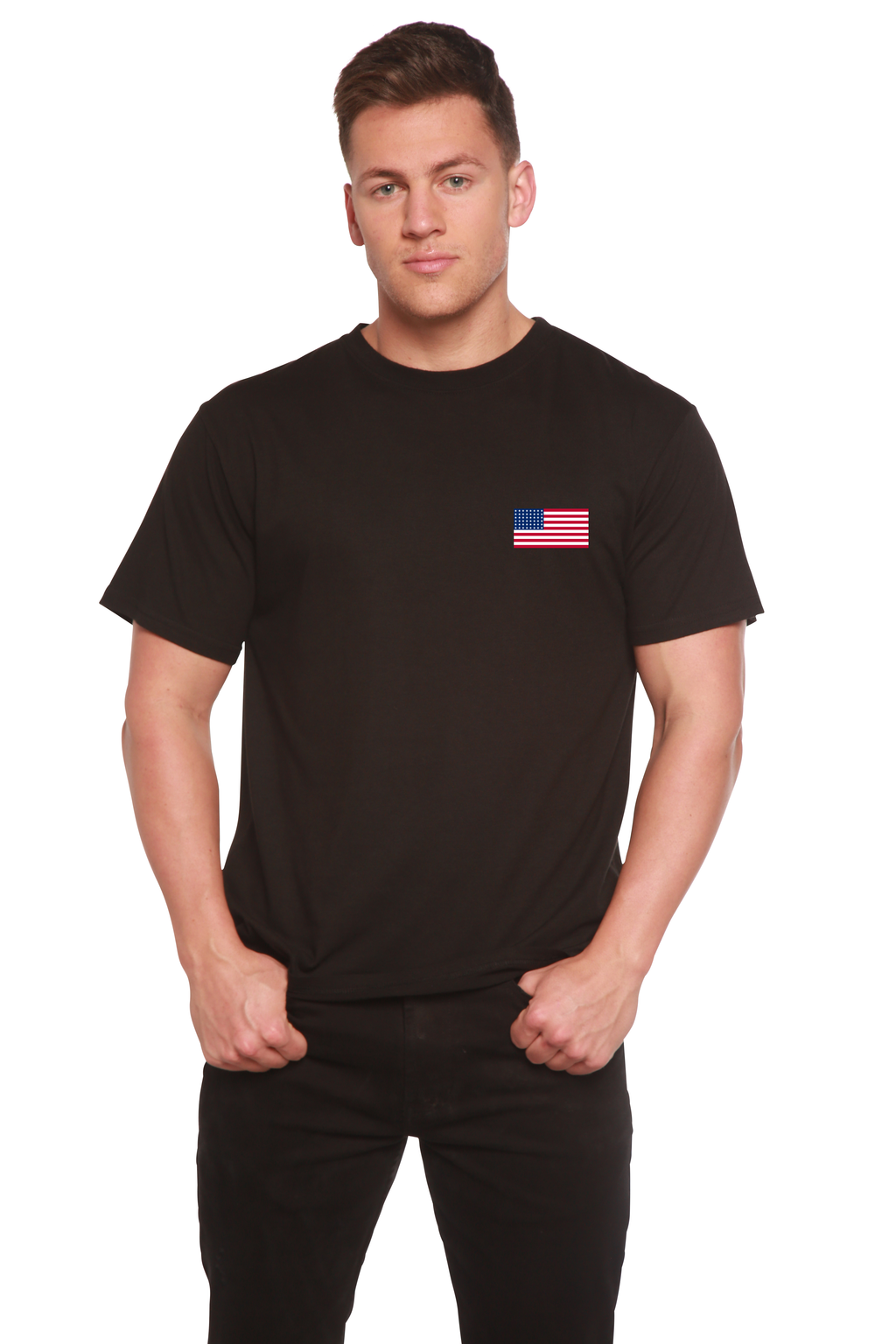 Spun Bamboo American Flag Men's Bamboo Viscose/Organic Cotton Short Sleeve Graphic T-Shirt — lifestyle context
