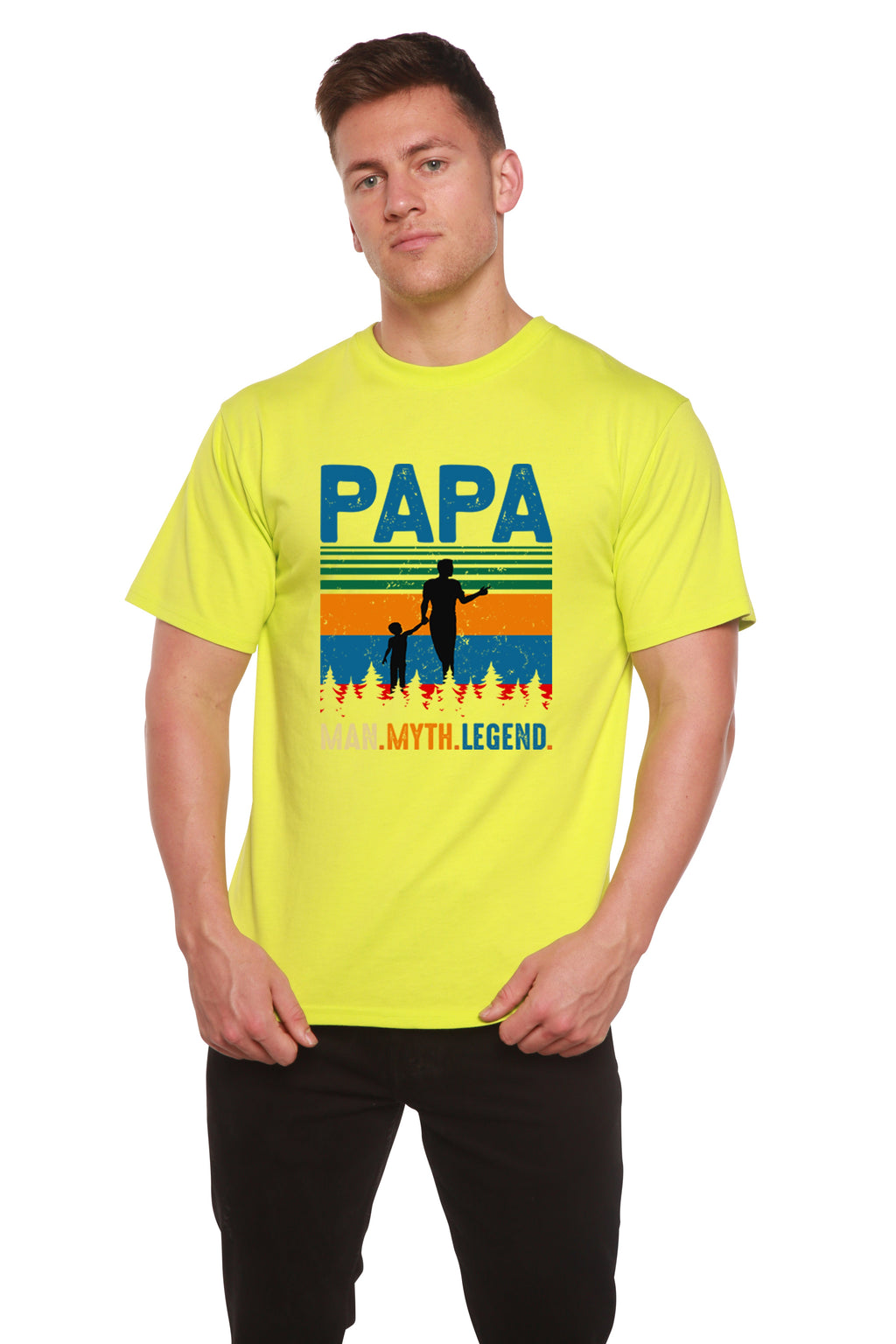 Spun Bamboo Papa Man, Myth, Legend Men's Bamboo Viscose/Organic Cotton Short Sleeve Graphic T-Shirt — in-use photo