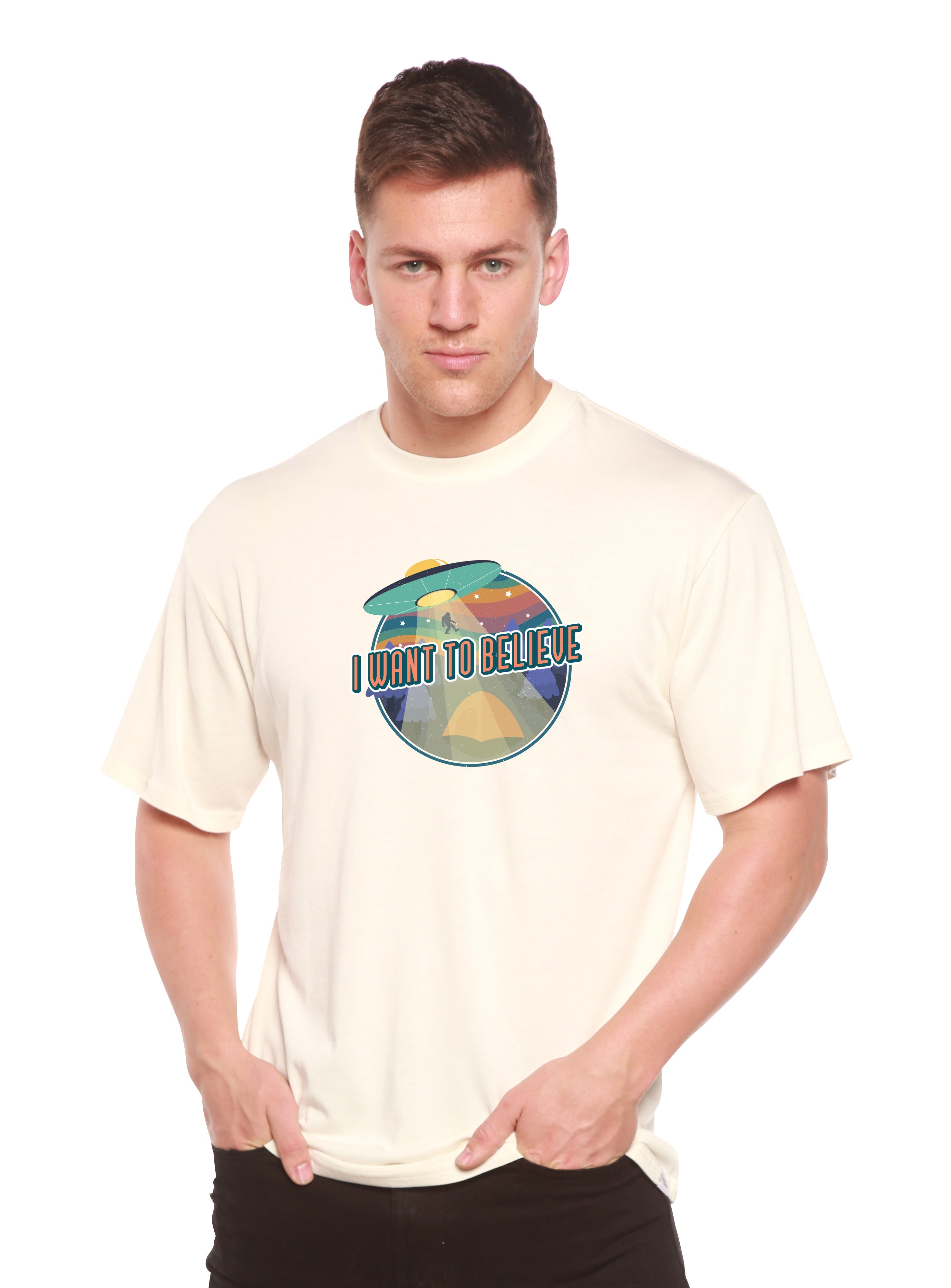 Spun Bamboo I Want to Believe Men's Bamboo Short Sleeve Printed T-Shirt — lifestyle context