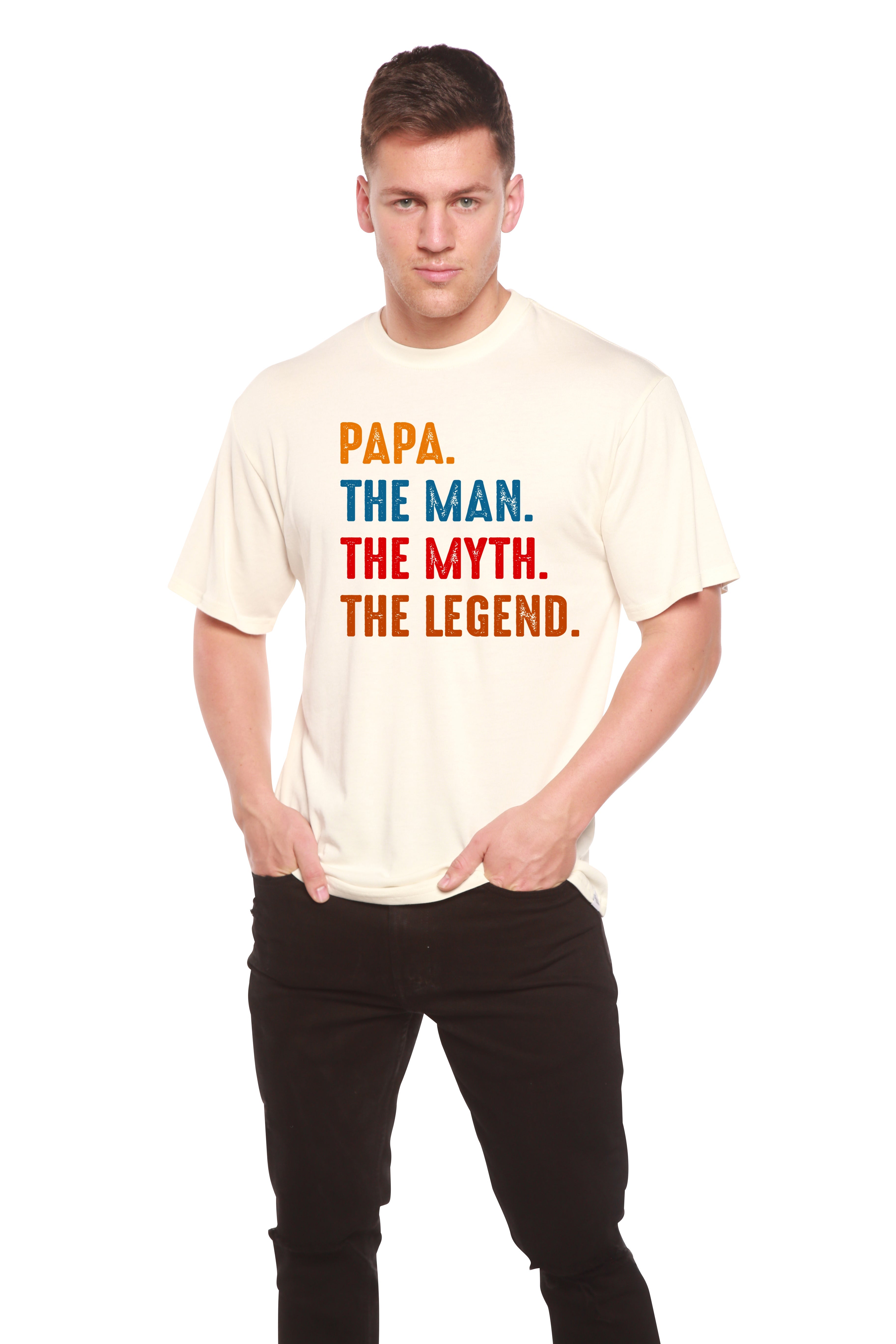 Spun Bamboo Papa, the Man, the Myth, the Legend Men's Bamboo Viscose/Organic Cotton Short Sleeve Graphic T-Shirt — color deta