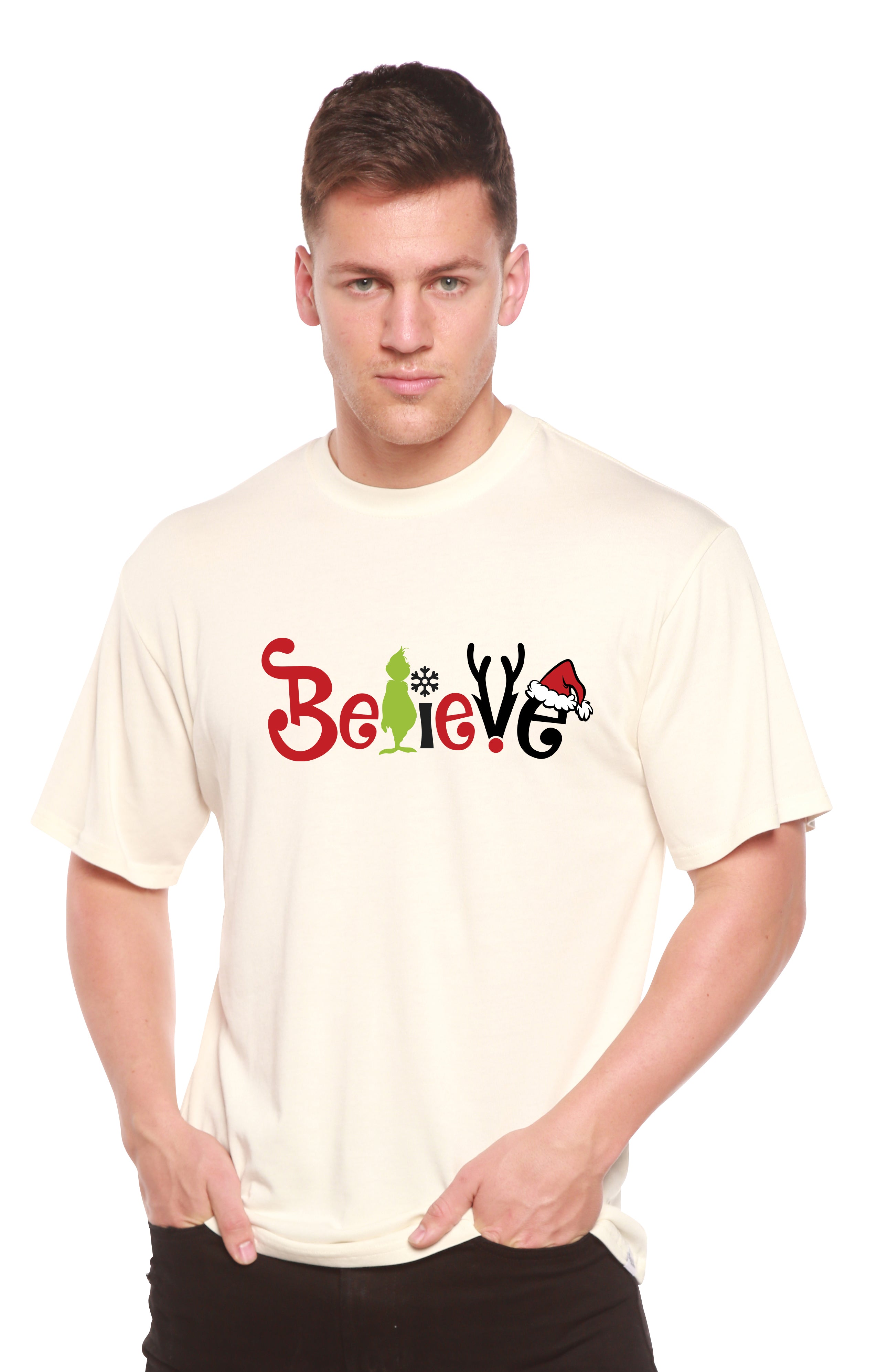 Spun Bamboo Believe Christmas Printed Men's Bamboo T-Shirt — lifestyle context