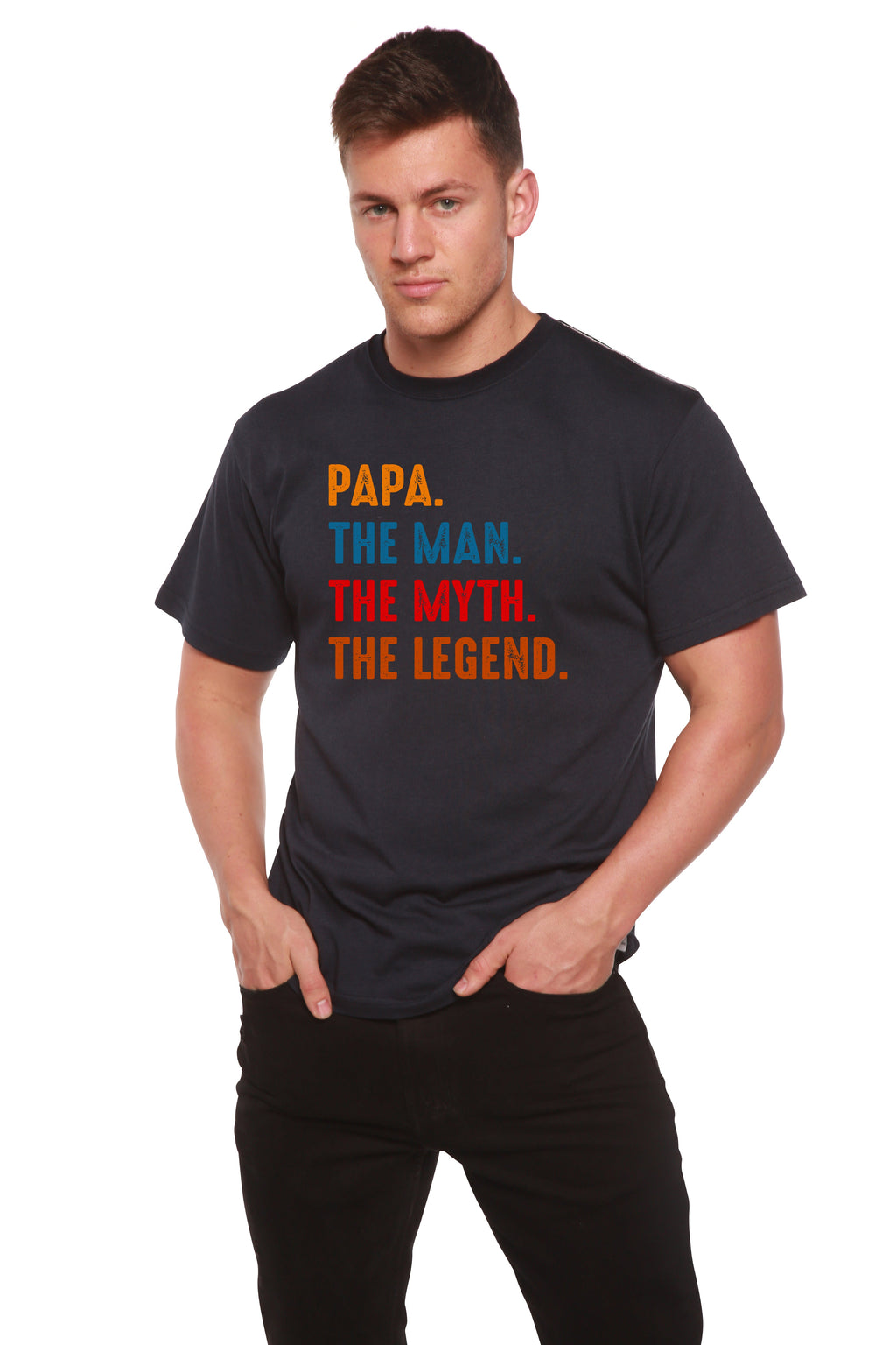 Spun Bamboo Papa, the Man, the Myth, the Legend Men's Bamboo Viscose/Organic Cotton Short Sleeve Graphic T-Shirt — packaging