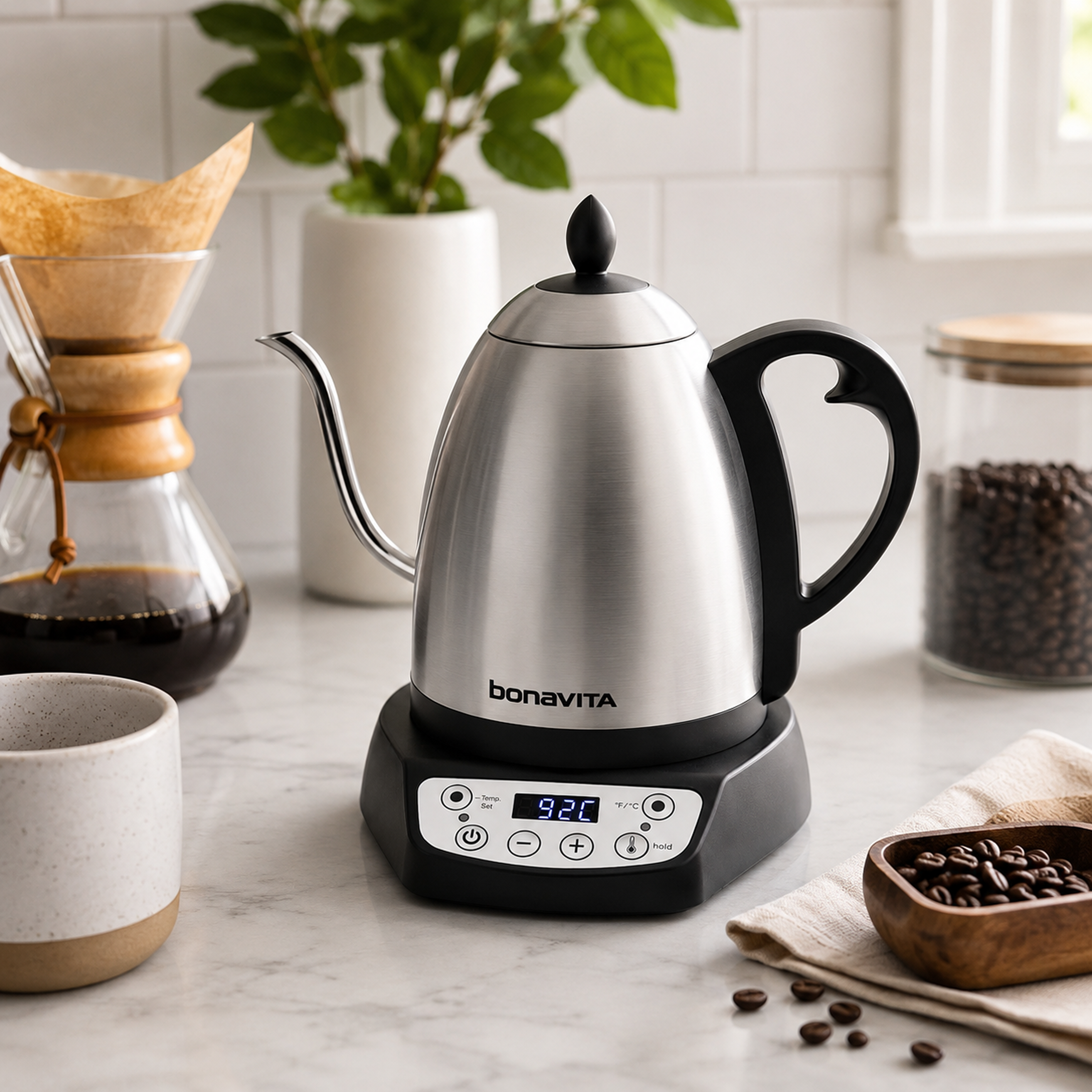 Bonavita Classic 1.0L Gooseneck Precision Temperature Electric Kettle| Coffee Brew and Tea, 1200 Watt, LED Panel, Stainless S