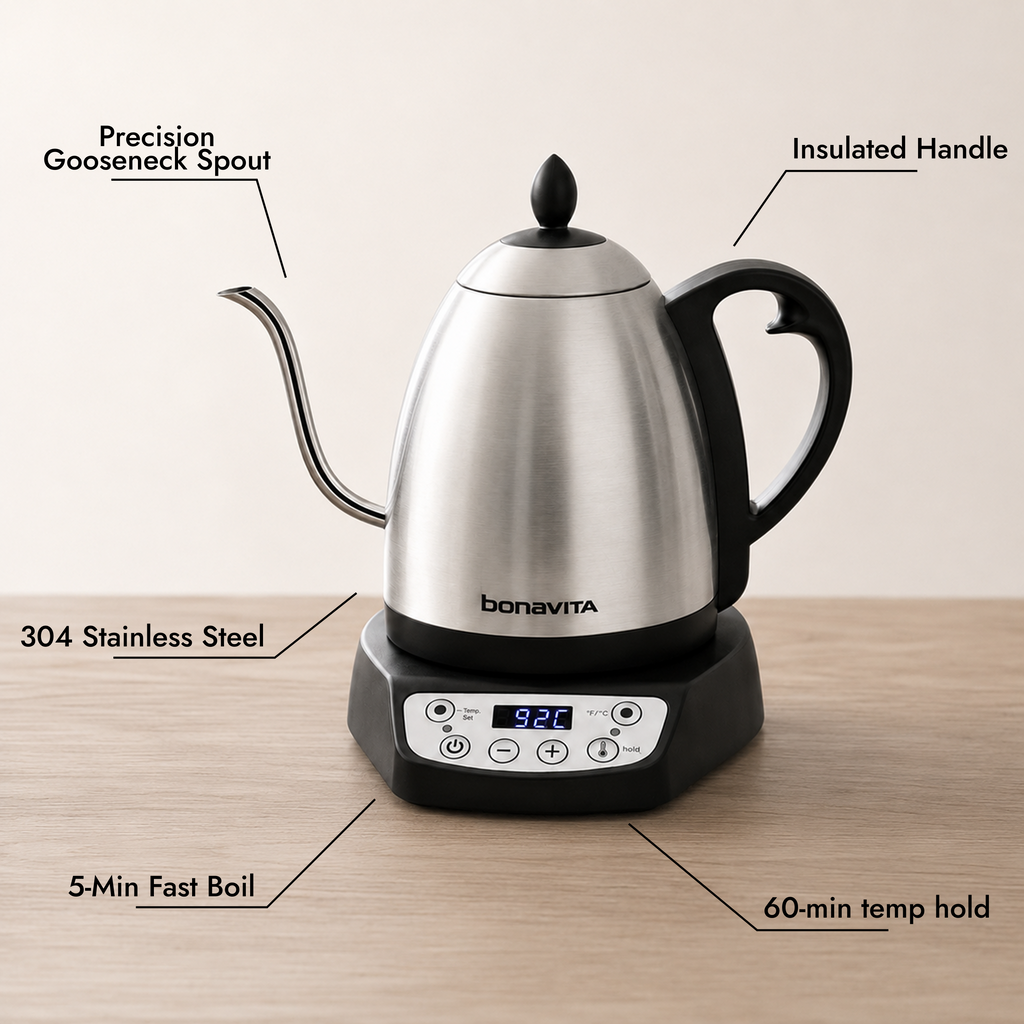Bonavita Classic 1.0L Gooseneck Precision Temperature Electric Kettle| Coffee Brew and Tea, 1200 Watt, LED Panel, Stainless S