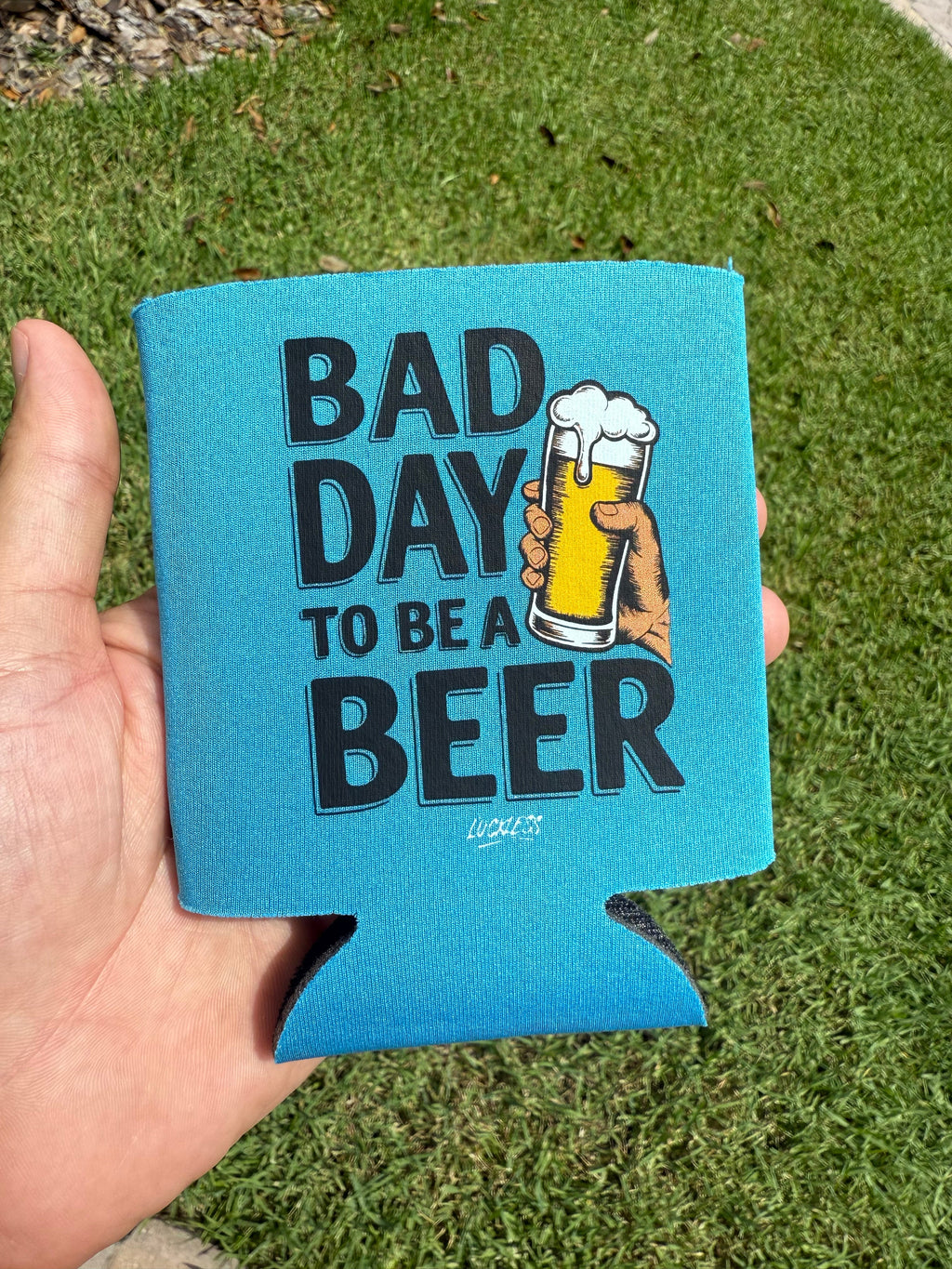 Luckless Outfitters Bad Day to be a Beer Koozie — detail close-up