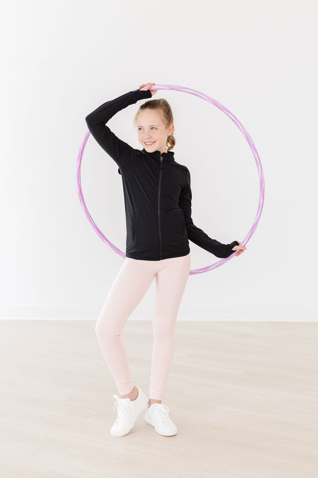 Mila & Rose ® SALE Balanced Black Full-Zip Ruffle Active Jacket — lifestyle context
