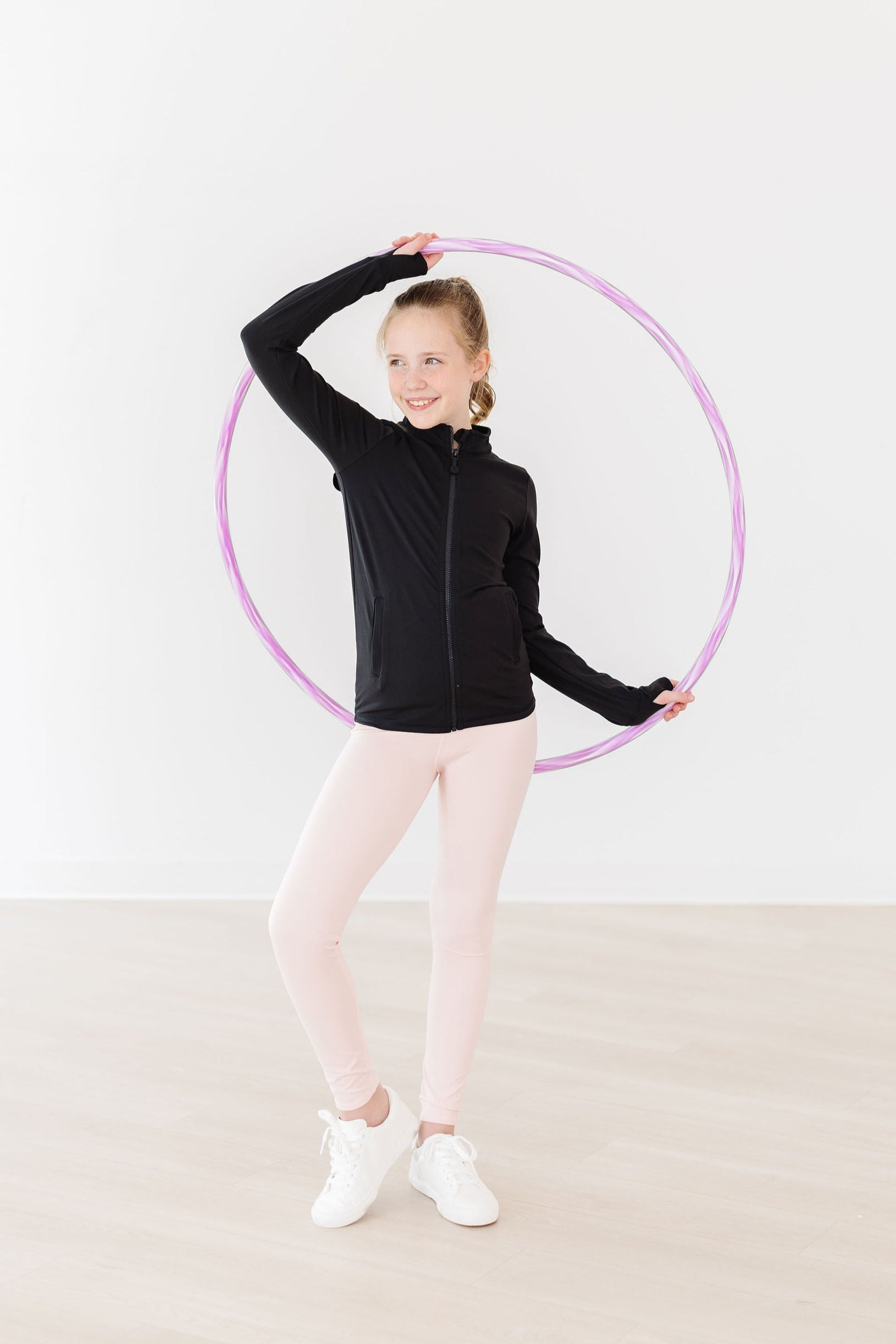 Mila & Rose ® SALE Balanced Black Full-Zip Ruffle Active Jacket — lifestyle context