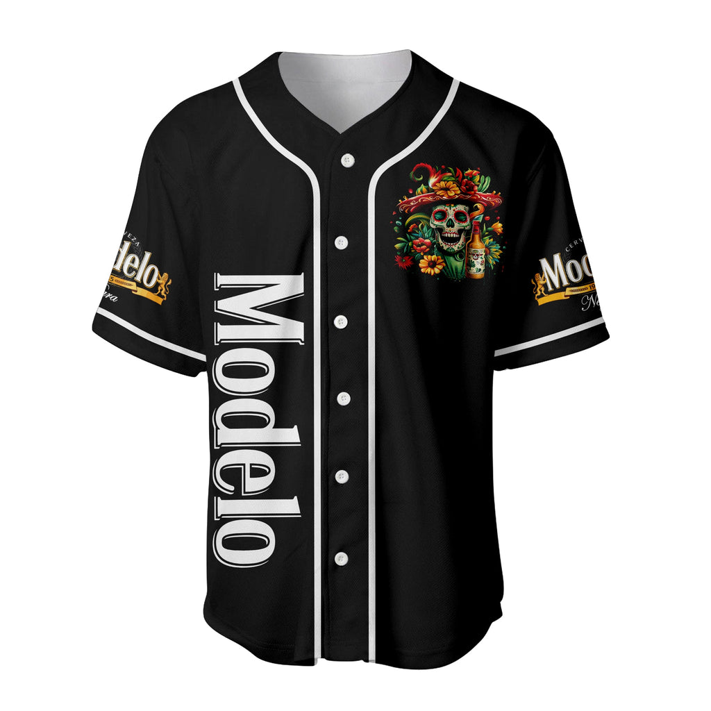 Pasimax Día de los Muertos All-Black Skull Baseball Jersey – Modelo Negra Unisex Shirt — detail close-up