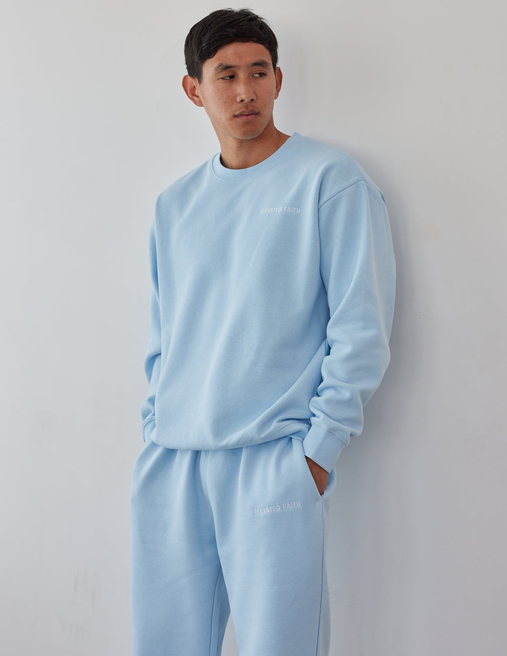Elevated Faith Basics Dream Blue Unisex Crewneck — detail close-up