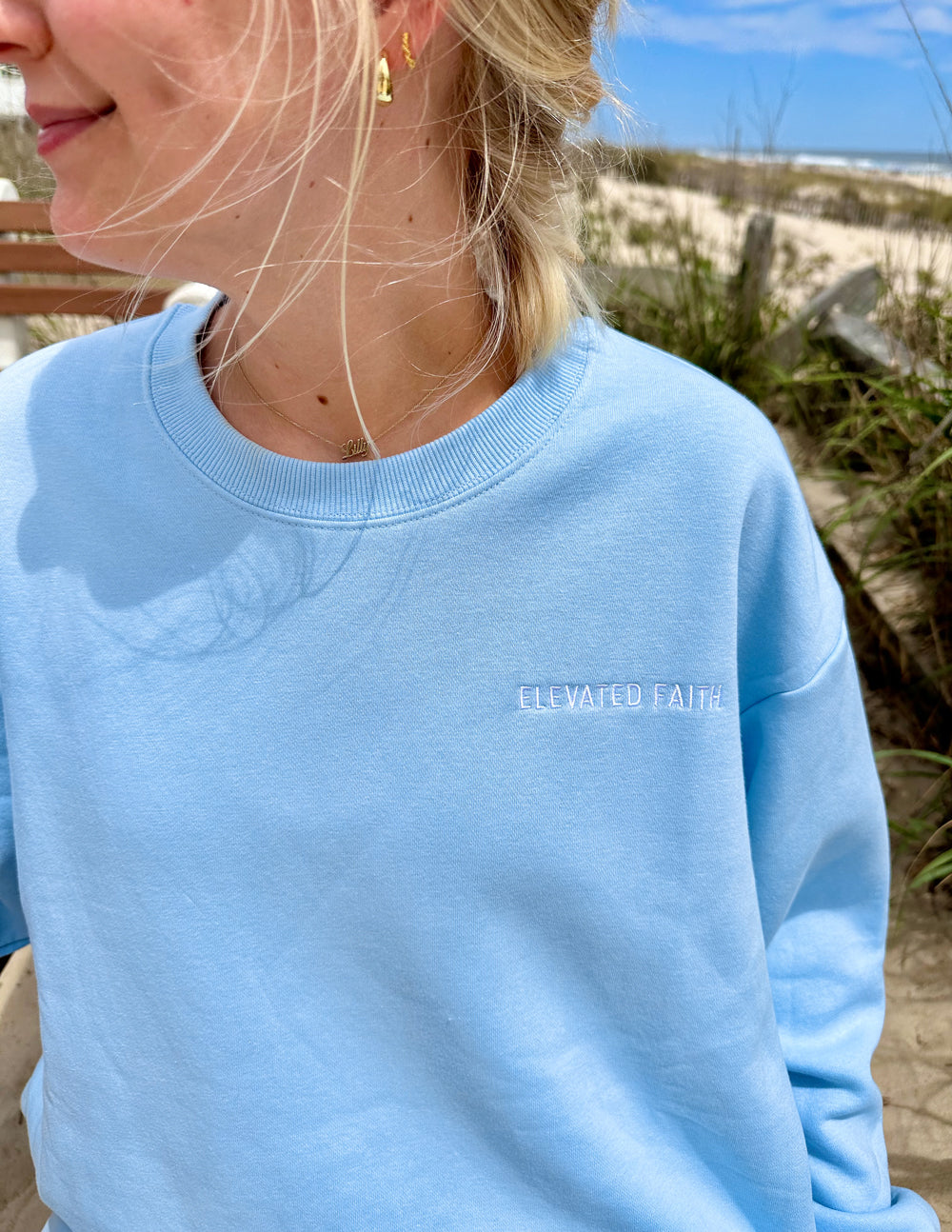 Elevated Faith Basics Dream Blue Unisex Crewneck — in-use photo