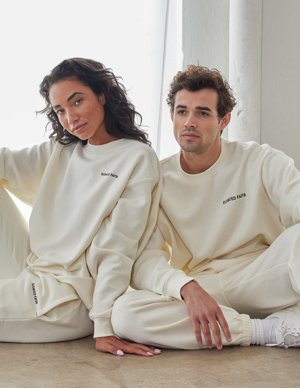 Elevated Faith Basics White Sand Unisex Crewneck — detail close-up