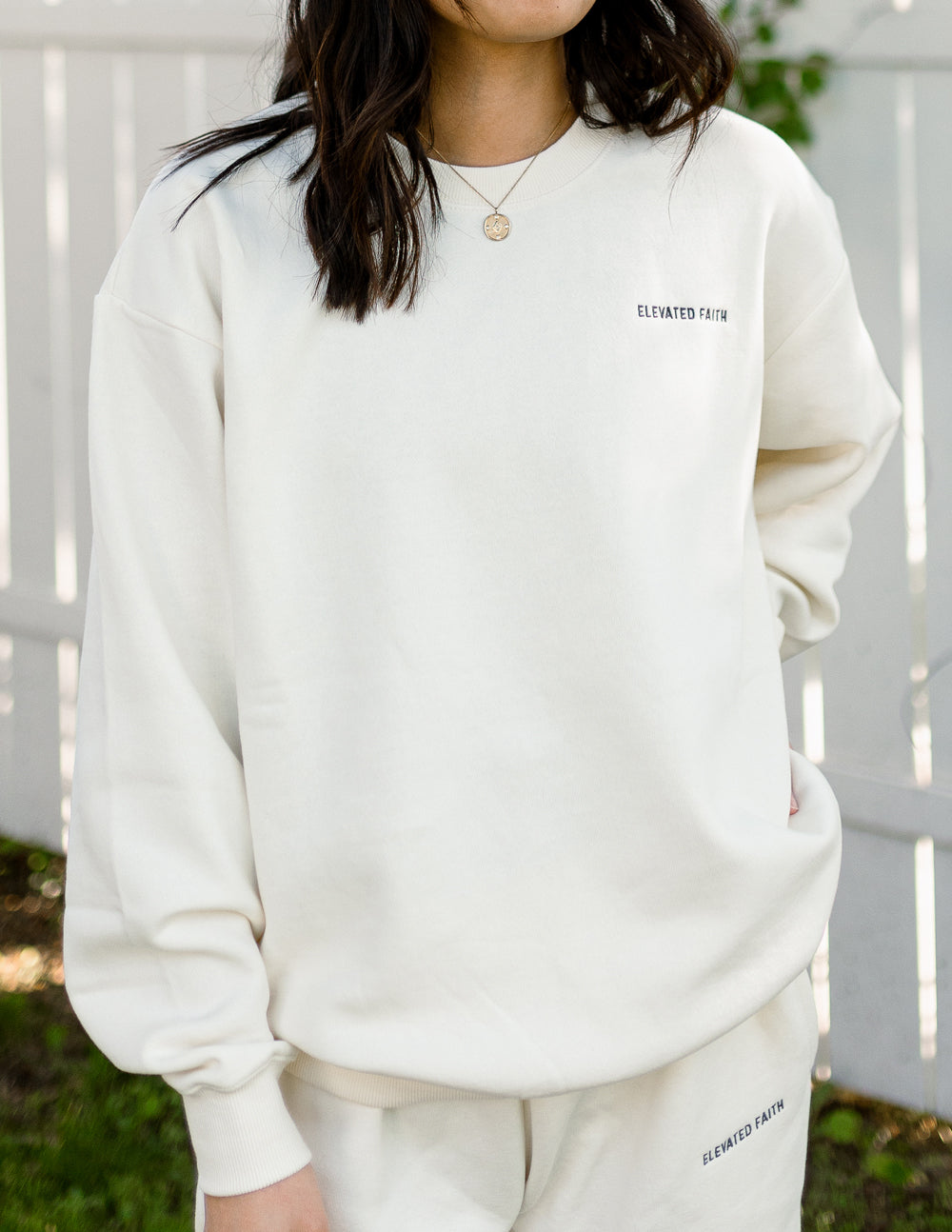 Elevated Faith Basics White Sand Unisex Crewneck — back view