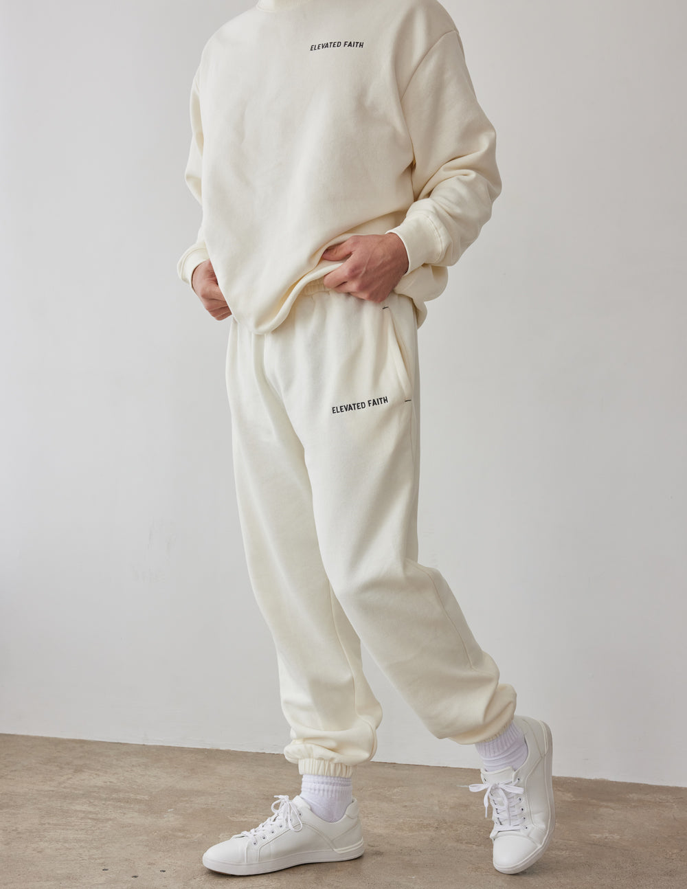 Elevated Faith Basics White Sand Unisex Sweatpant — detail close-up