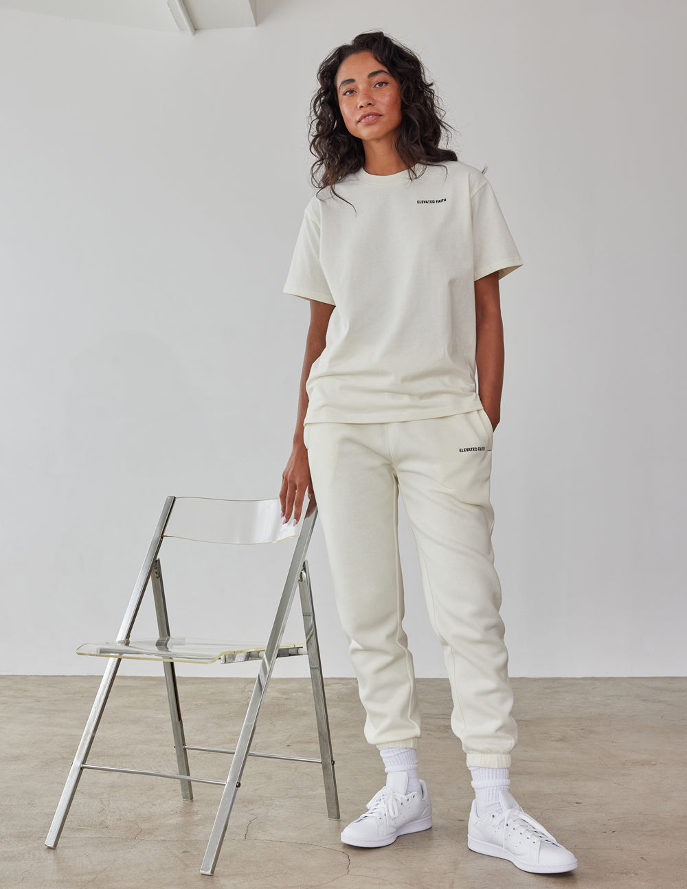 Elevated Faith Basics White Sand Unisex Tee — detail close-up