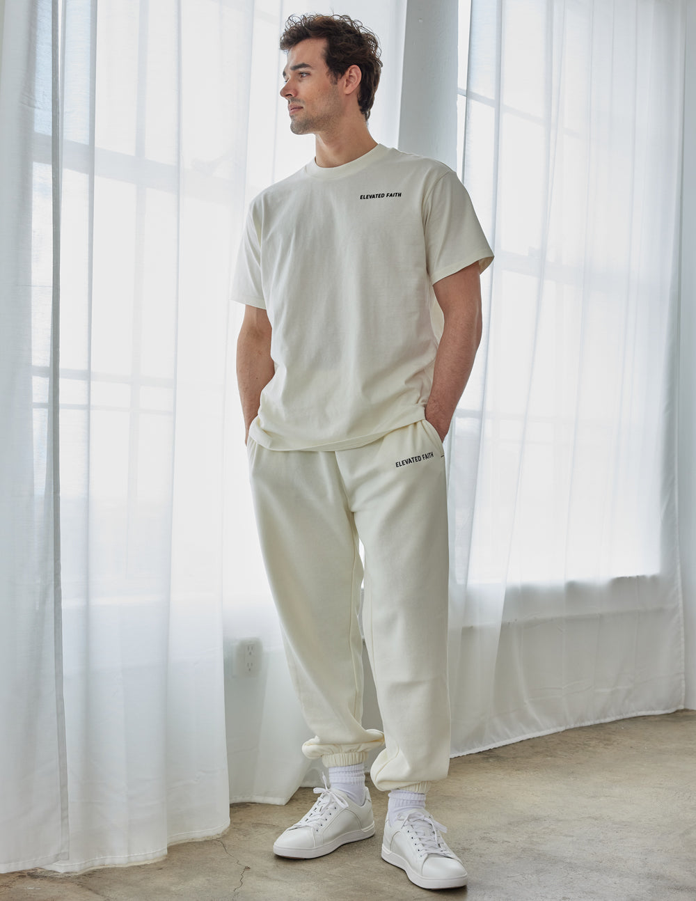 Elevated Faith Basics White Sand Unisex Tee — detail close-up