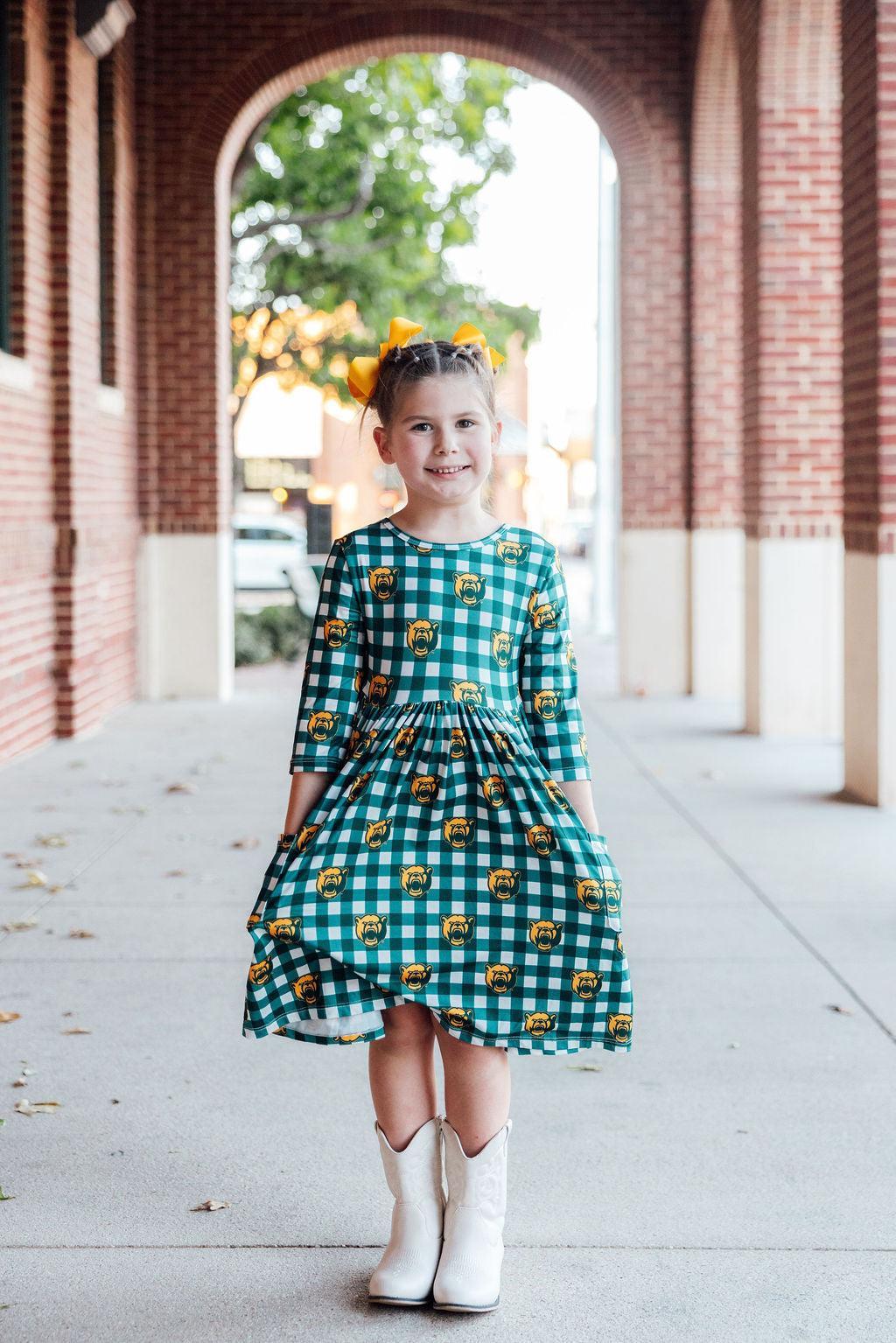 Mila & Rose ® Baylor Plaid Bear 3/4 Sleeve Pocket Twirl Dress — detail close-up