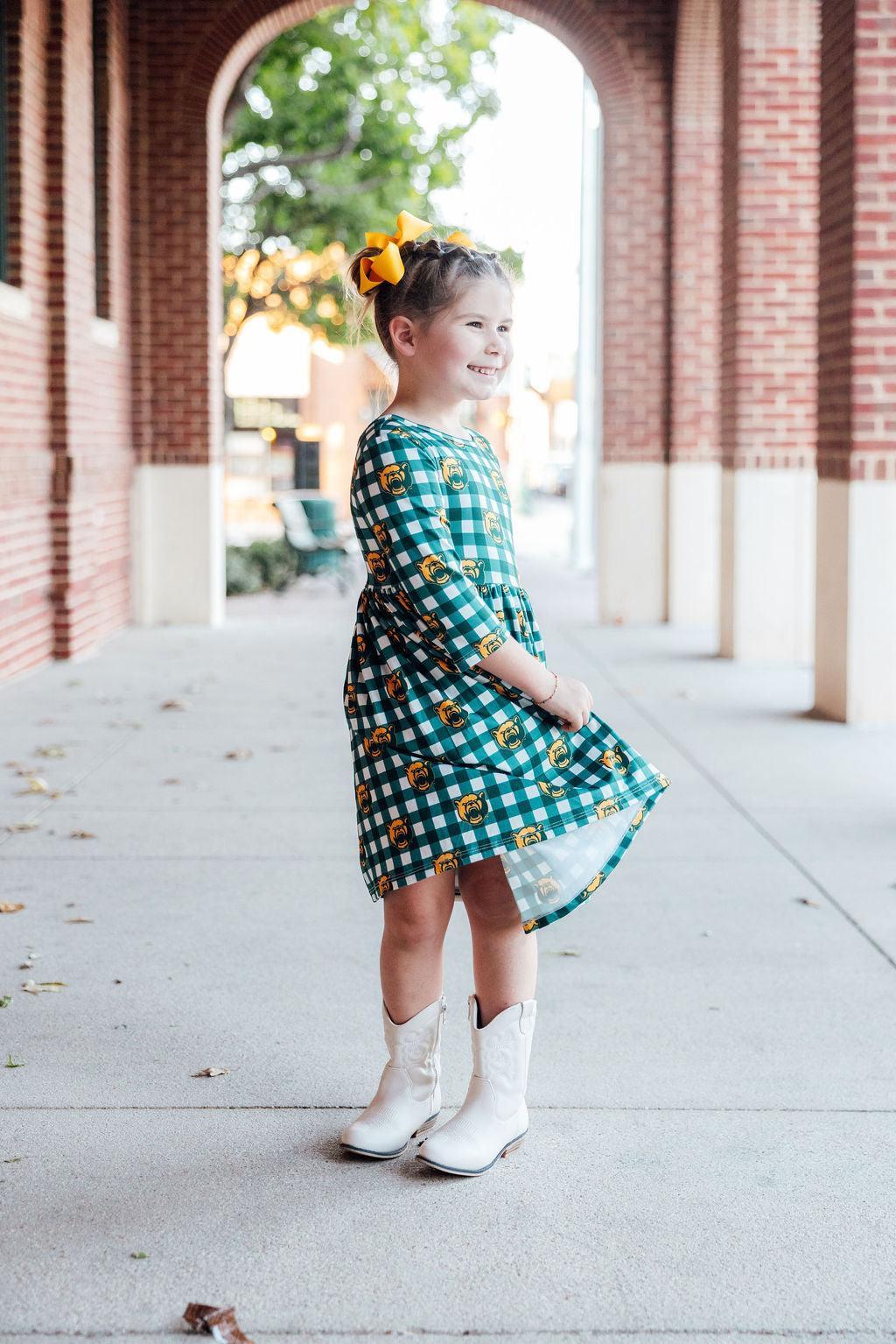 Mila & Rose ® Baylor Plaid Bear 3/4 Sleeve Pocket Twirl Dress — lifestyle context