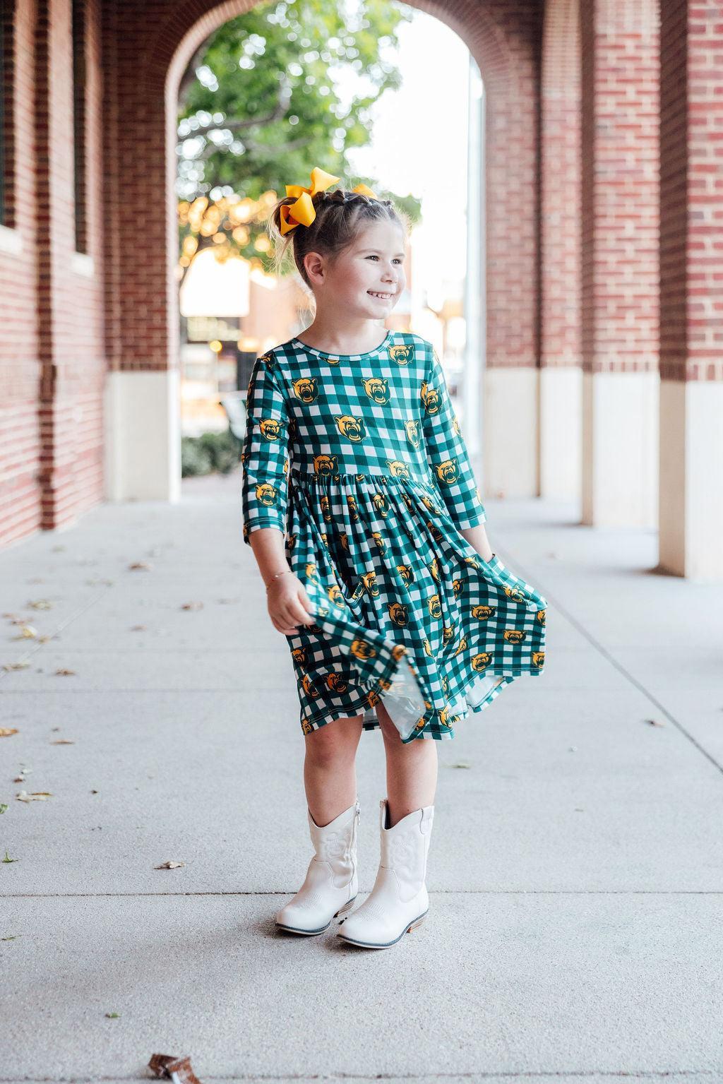 Mila & Rose ® Baylor Plaid Bear 3/4 Sleeve Pocket Twirl Dress — side view