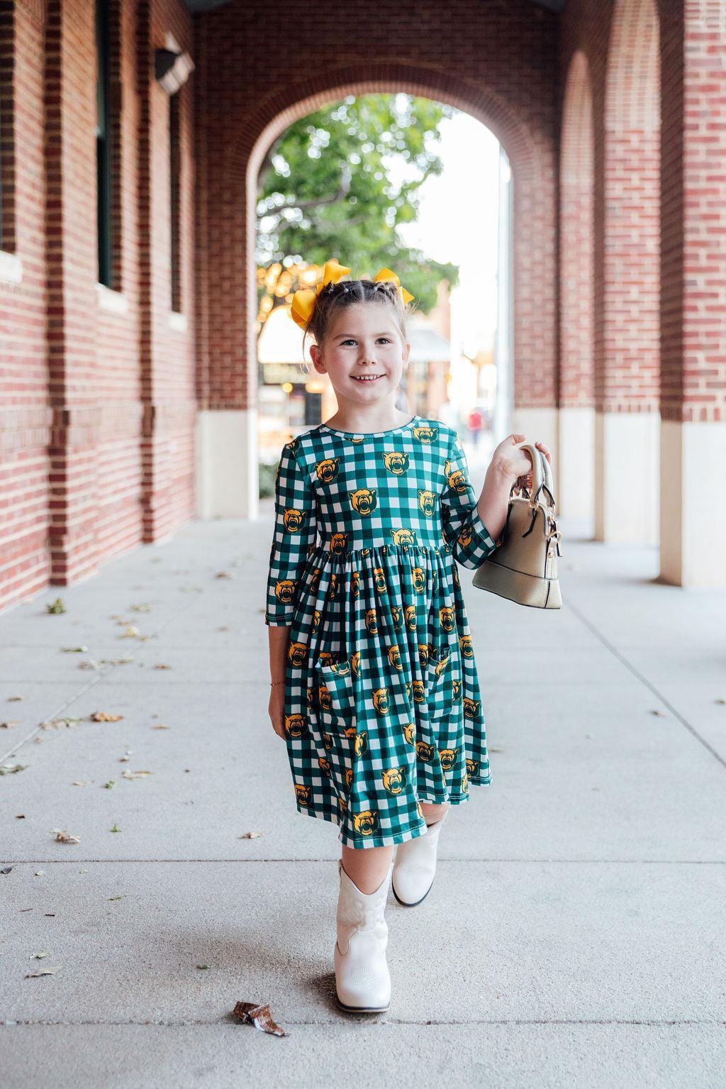 Mila & Rose ® Baylor Plaid Bear 3/4 Sleeve Pocket Twirl Dress — back view