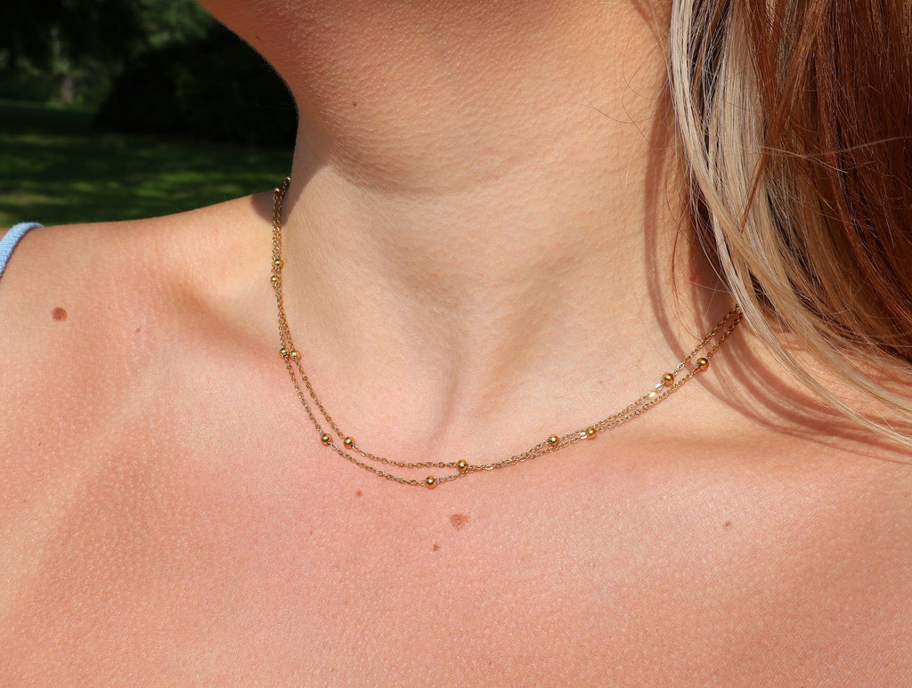 BodyCandy Stainless Steel Gold Tone PVD Ball Station Necklace Satellite Chain Double Necklace — side view