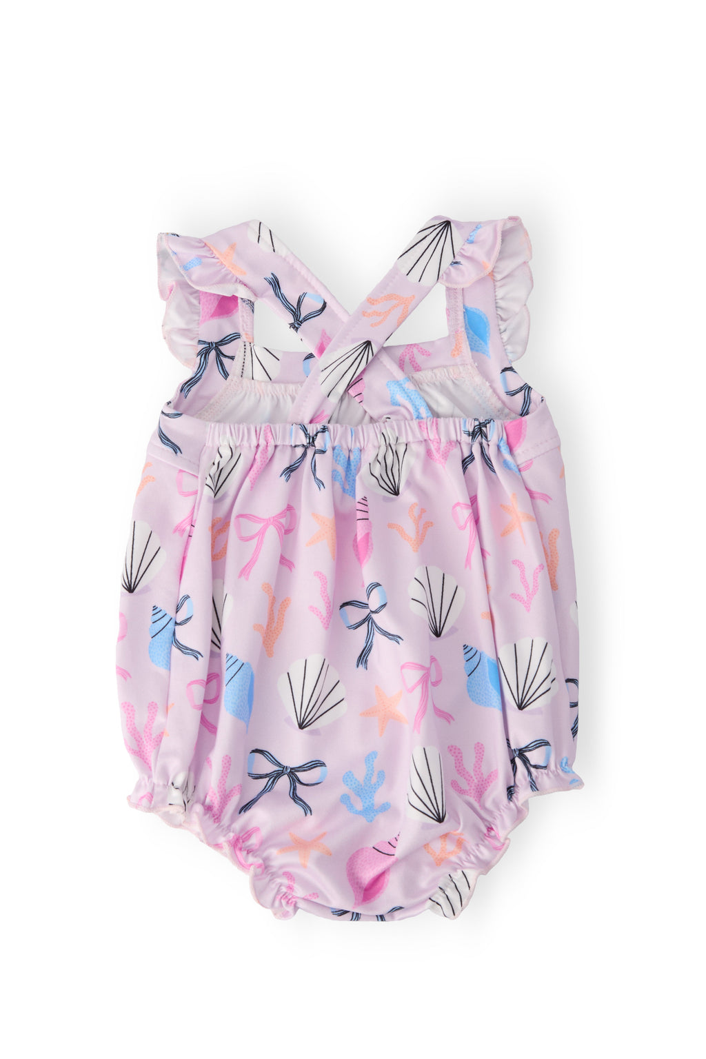 Mila & Rose ® Beachside Bows Ruffle Cross Back Romper — detail close-up