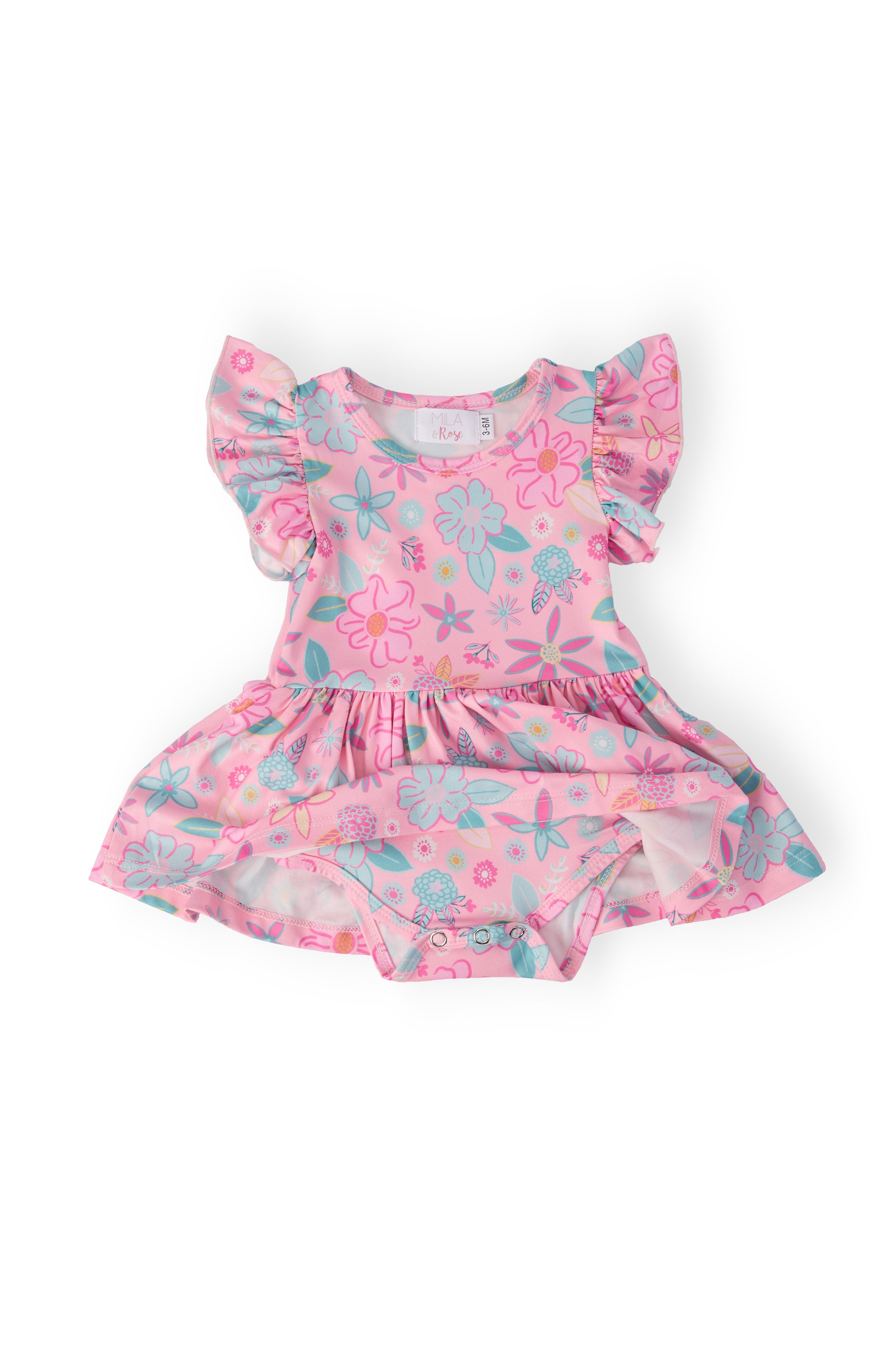 Mila & Rose ® Beachy Blooms S/S Flutter Twirl Bodysuit — detail close-up
