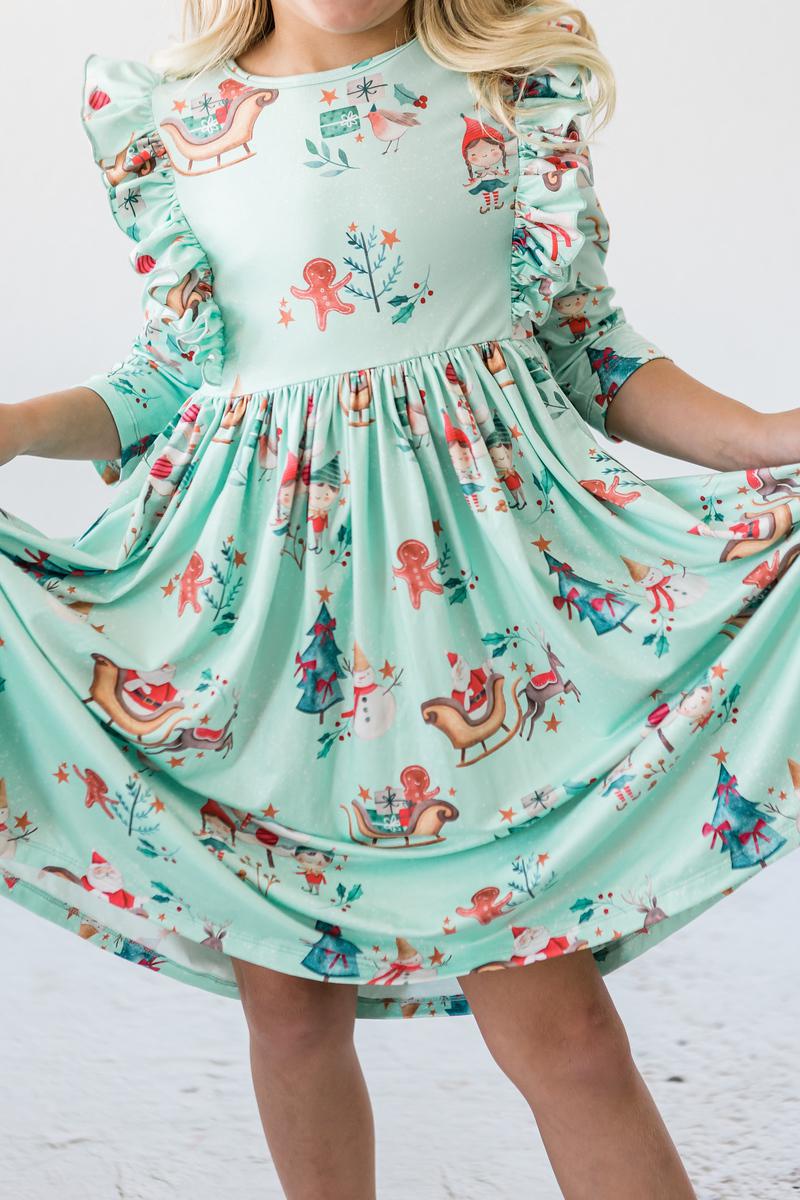 Believe in Your Elf 3/4 Sleeve Ruffle Twirl Dress