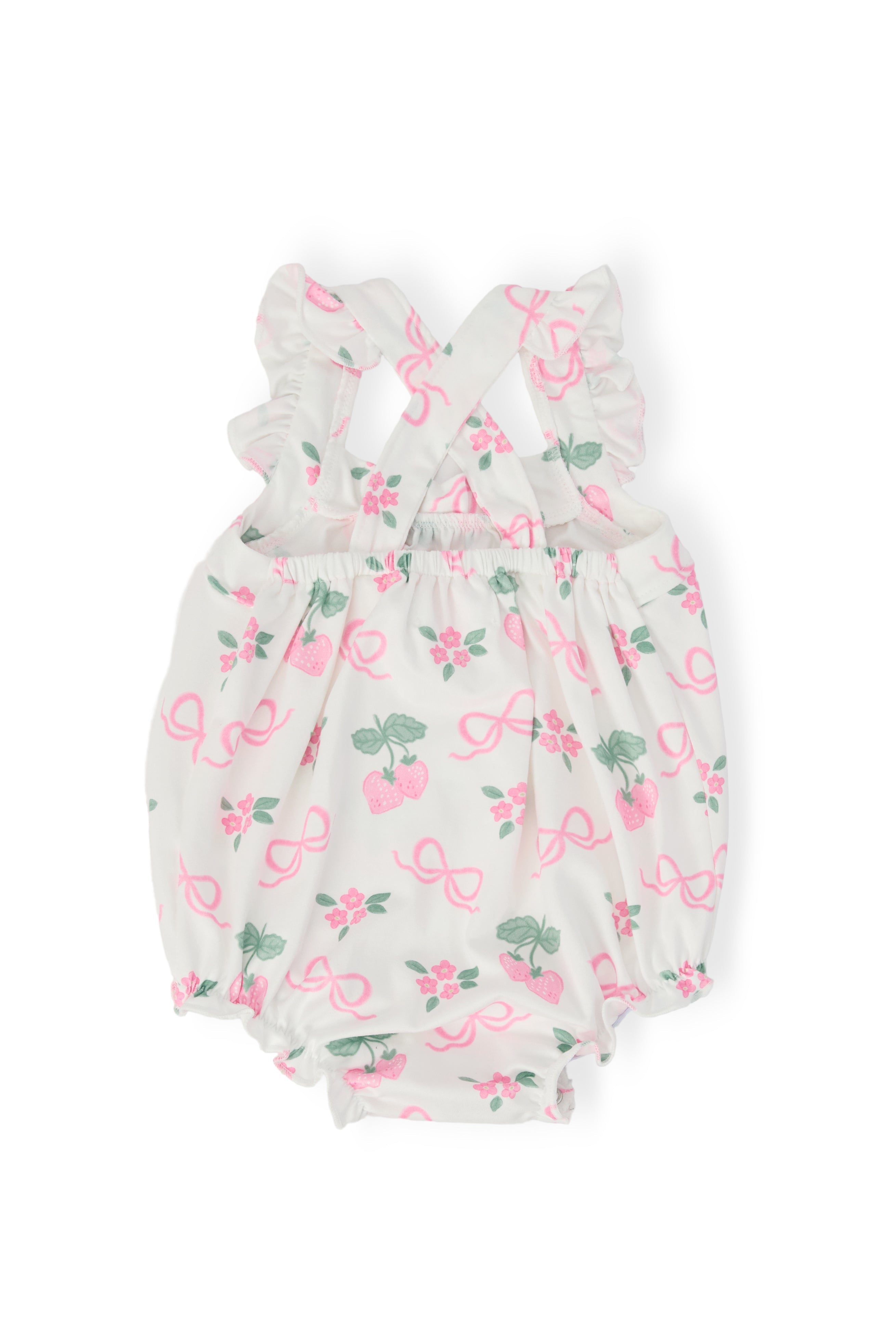 Mila & Rose ® Berries & Bows Ruffle Cross Back Romper — back view