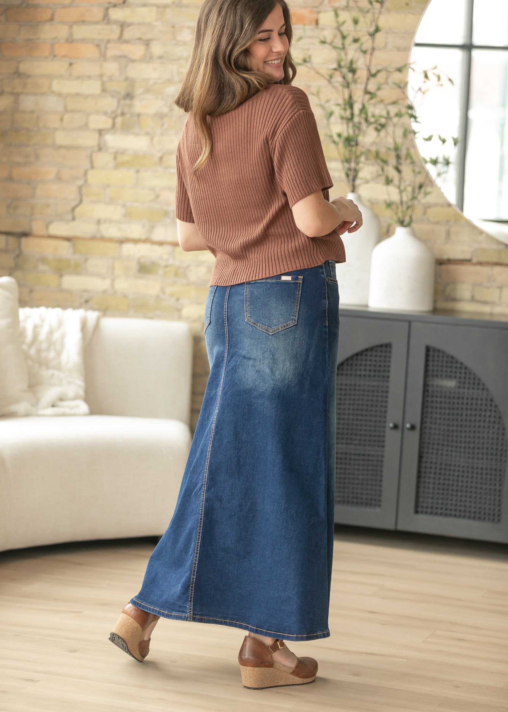 Inherit Co. Bethany Dark Wash A-line Long Denim Skirt — main product shot