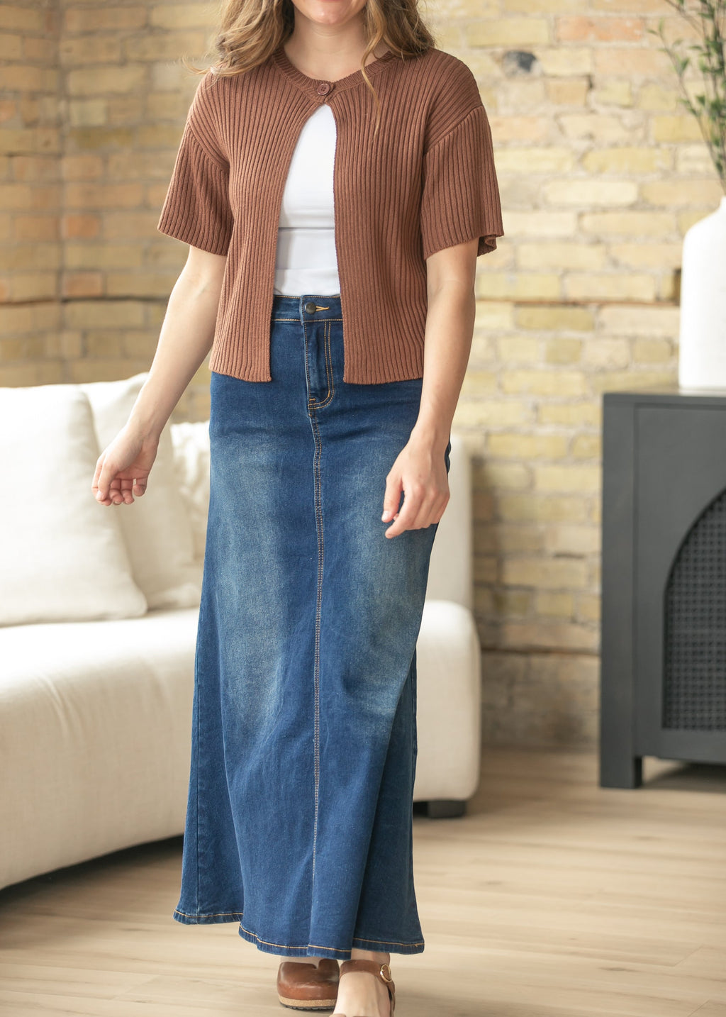 Inherit Co. Bethany Dark Wash A-line Long Denim Skirt — flat-lay composition