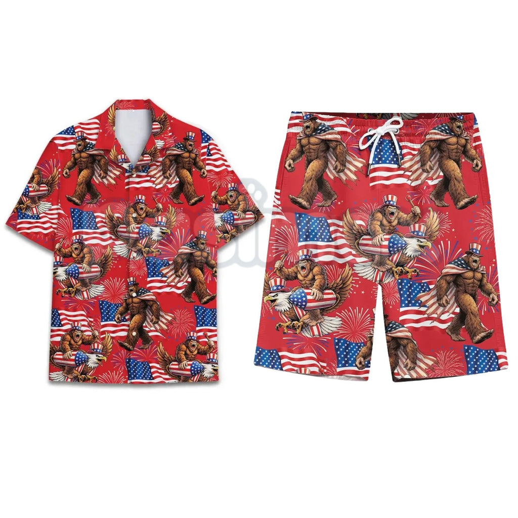 Bigfoot Firework Hawaiian Shirt – Patriotic USA Flag Aloha Shirt for Summer Holidays