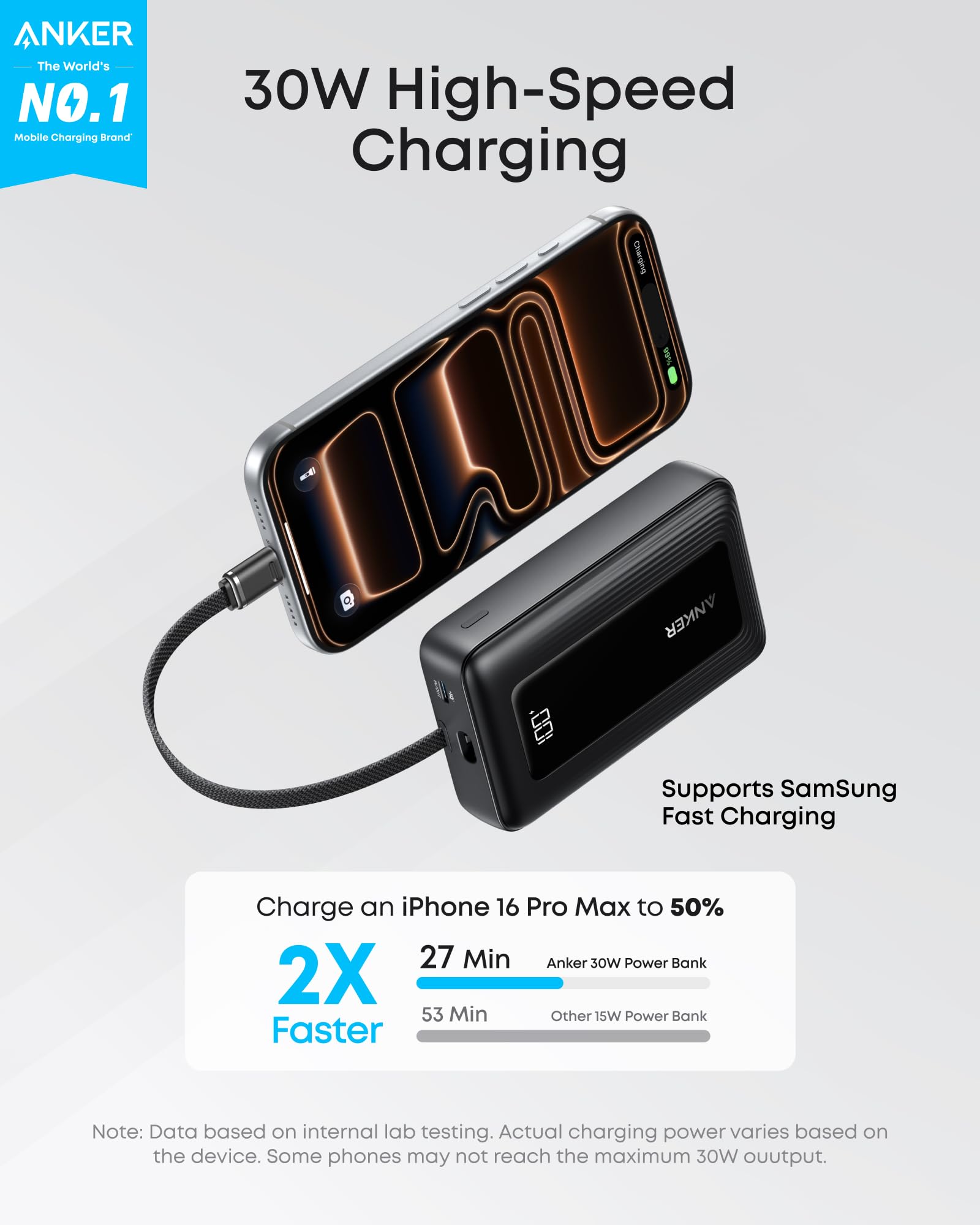 Anker Zolo Power Bank (10K, 30W) with a 5.4-inch (13.7 cm) built-in USB-C cable., view 2