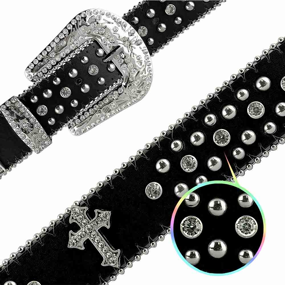 Rhinestone Belt Store Black Strap Cross Stones + Studs + White (Variant) Rhinestone Western Belt with Cross Buckle — cross stones + studs + white (variant) rhinestone close-up detail