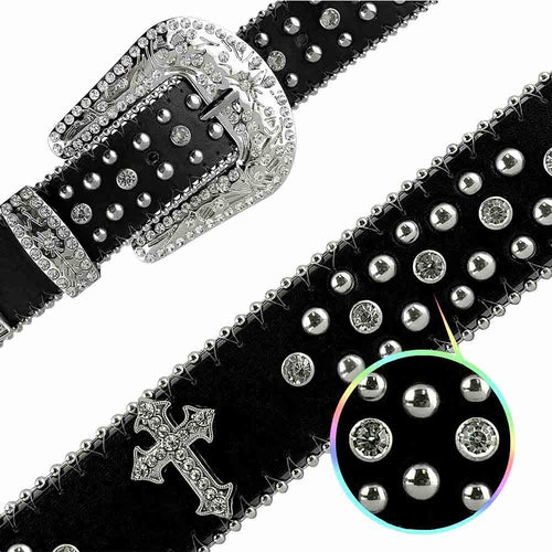 Rhinestone Belt Store Black Strap Cross Stones + Studs + White (Variant) Rhinestone Western Belt with Cross Buckle — cross stones + studs + white (variant) rhinestone close-up detail