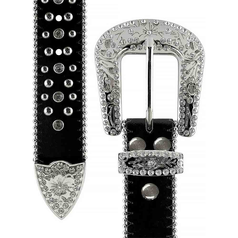 Rhinestone Belt Store Black Strap Cross Stones + Studs + White (Variant) Rhinestone Western Belt with Cross Buckle — cross buckle buckle macro shot