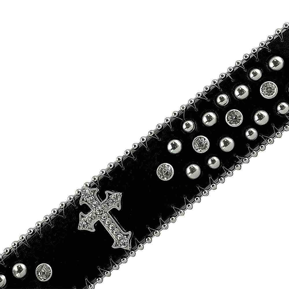 Rhinestone Belt Store Black Strap Cross Stones + Studs + White (Variant) Rhinestone Western Belt with Cross Buckle — black strap texture and hardware