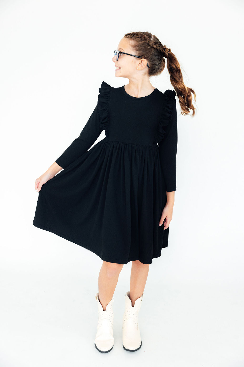 Mila & Rose ® Black L/S Ruffle Twirl Dress — detail close-up