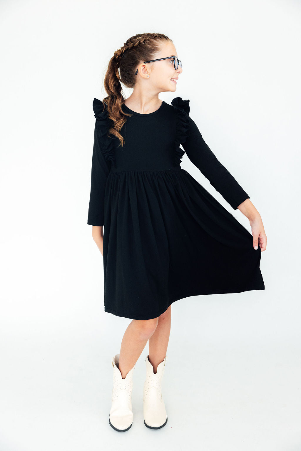 Mila & Rose ® Black L/S Ruffle Twirl Dress — side view