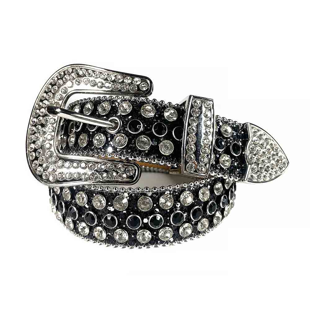 Rhinestone Belt Store Black Strap Black & Diamond White (Variant) Rhinestone Western Belt with BB Buckle — black & diamond white (variant) rhinestone close-up detail