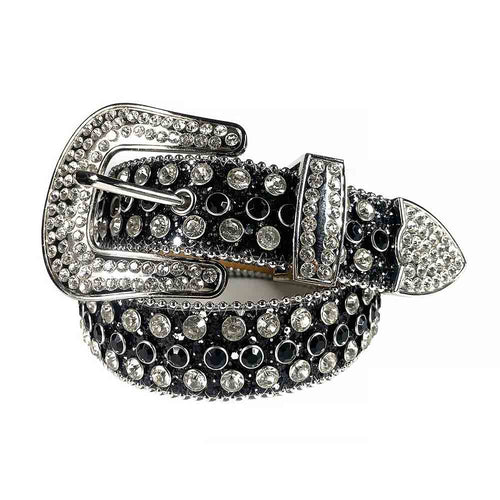 Rhinestone Belt Store Black Strap Black & Diamond White (Variant) Rhinestone Western Belt with BB Buckle — black & diamond white (variant) rhinestone close-up detail